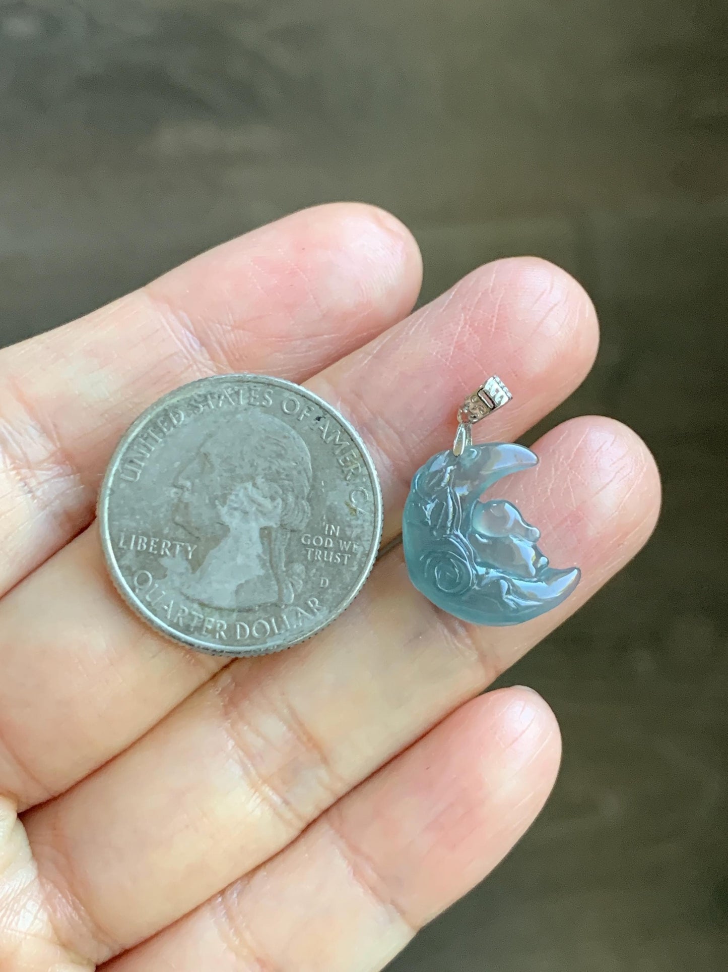 Natural Grade A Guatemalan Icy Translucent Light Teal Jadeite Rabbit Crescent Moon Petite Pendant Sterling Silver 天然冰危浅蓝翡翠迷你月亮兔吊坠 WXK253T