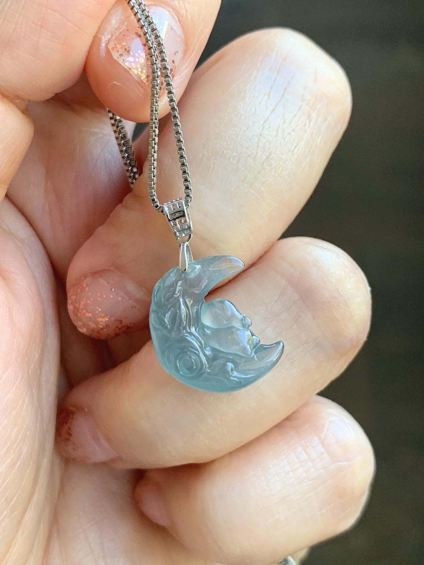 Natural Grade A Guatemalan Icy Translucent Light Teal Jadeite Rabbit Crescent Moon Petite Pendant Sterling Silver 天然冰危浅蓝翡翠迷你月亮兔吊坠 WXK253T