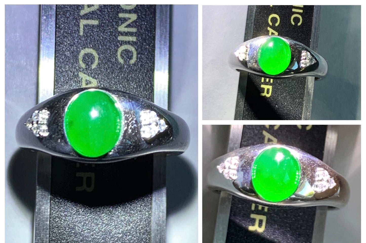 Certified Natural Grade A Guatemalan Icy Translucent Intense Vibrant Green Oval Jade Jadeite Ring Sterling Silver size 7.25 天然冰危绿翡翠镶嵌戒指 191