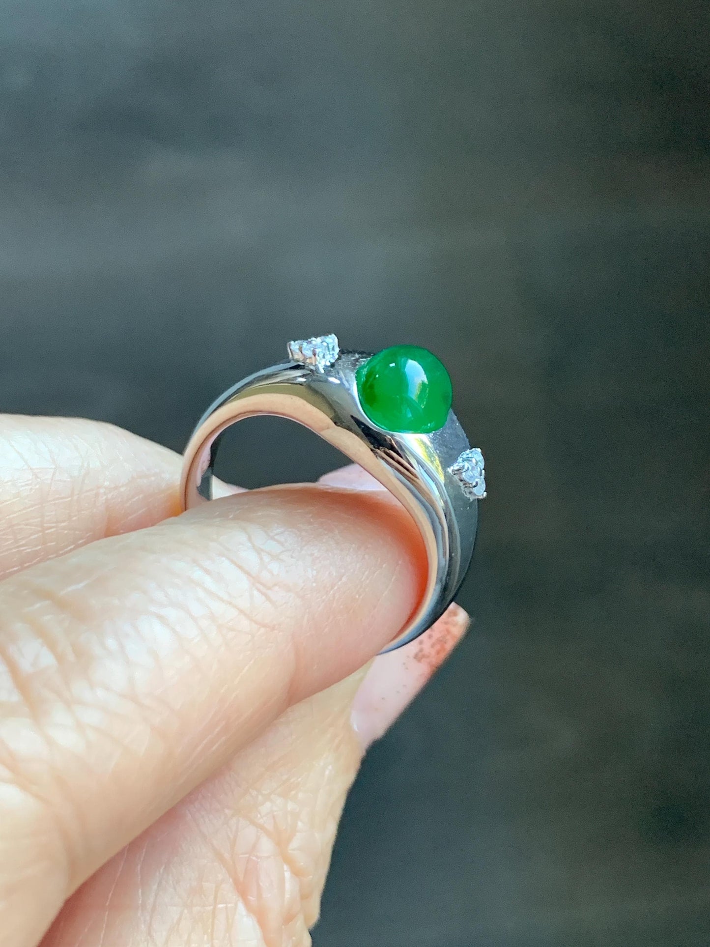 Certified Natural Grade A Guatemalan Icy Translucent Intense Vibrant Green Oval Jade Jadeite Ring Sterling Silver size 7.25 天然冰危绿翡翠镶嵌戒指 191