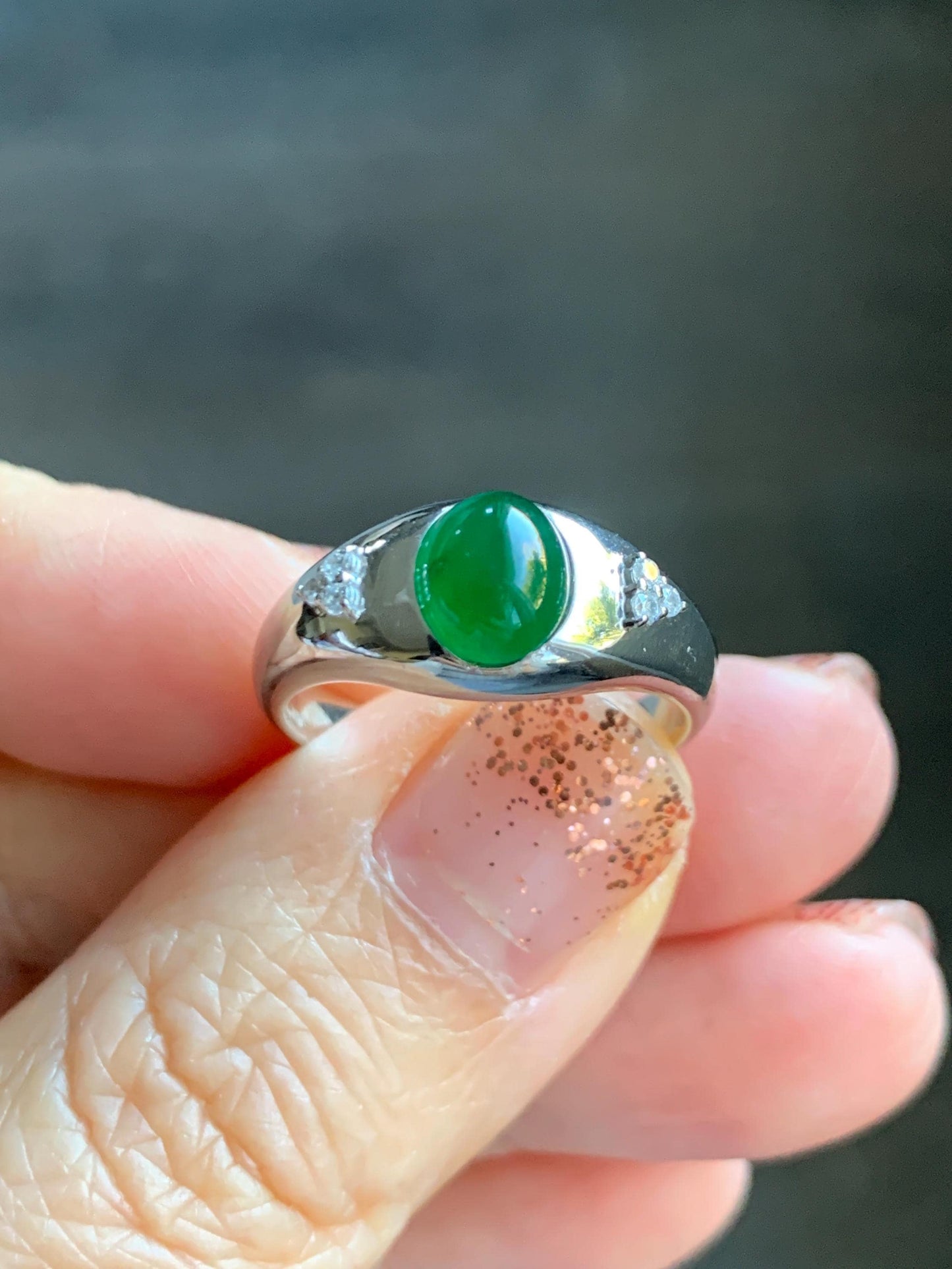 Certified Natural Grade A Guatemalan Icy Translucent Intense Vibrant Green Oval Jade Jadeite Ring Sterling Silver size 7.25 天然冰危绿翡翠镶嵌戒指 191