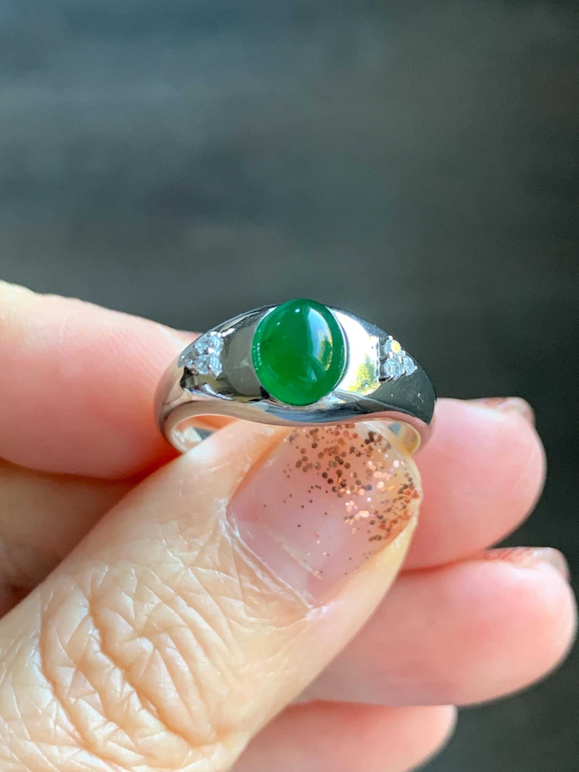 Certified Natural Grade A Guatemalan Icy Translucent Intense Vibrant Green Oval Jade Jadeite Ring Sterling Silver size 7.25 天然冰危绿翡翠镶嵌戒指 191