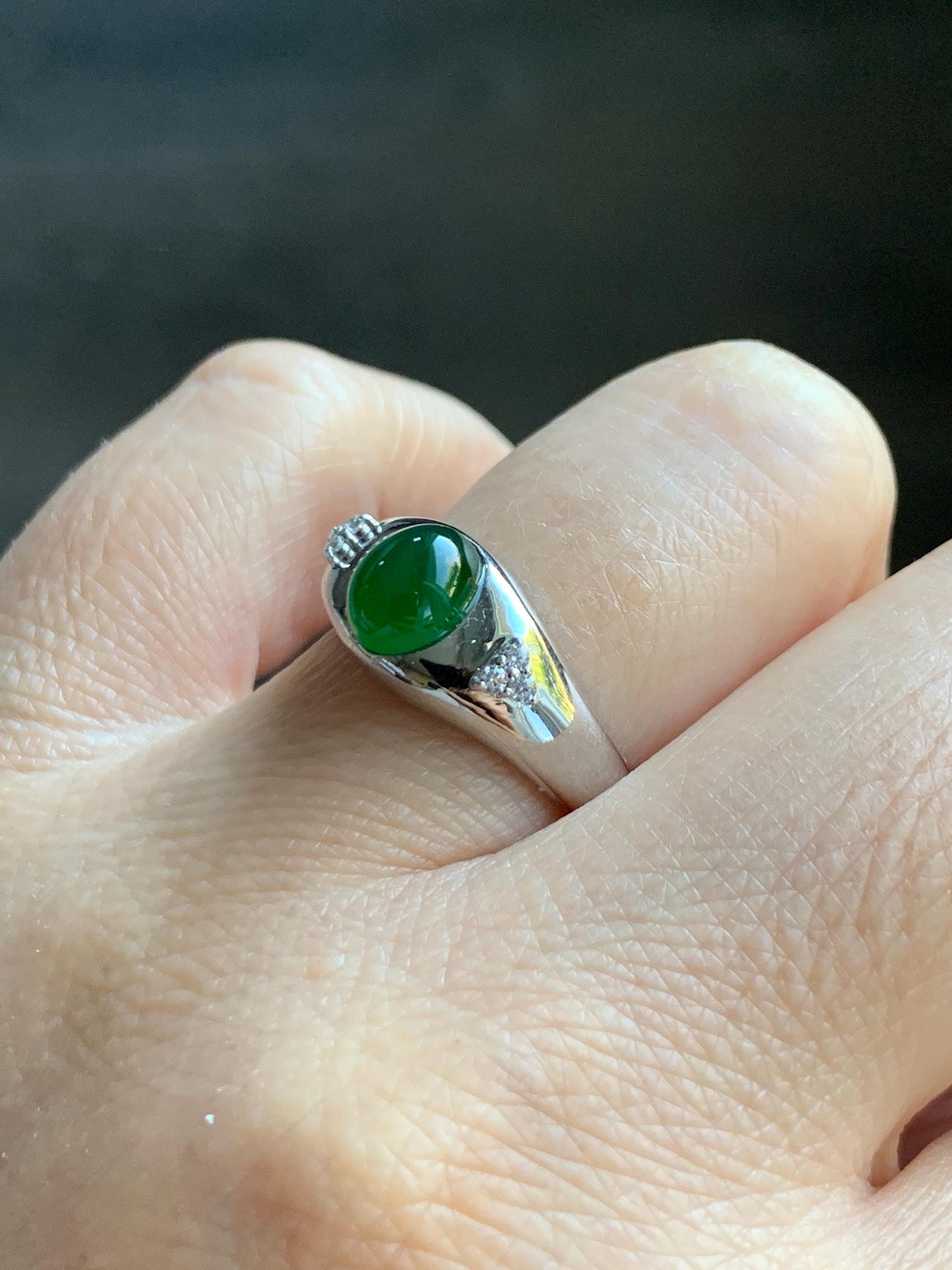 Certified Natural Grade A Guatemalan Icy Translucent Intense Vibrant Green Oval Jade Jadeite Ring Sterling Silver size 7.25 天然冰危绿翡翠镶嵌戒指 191