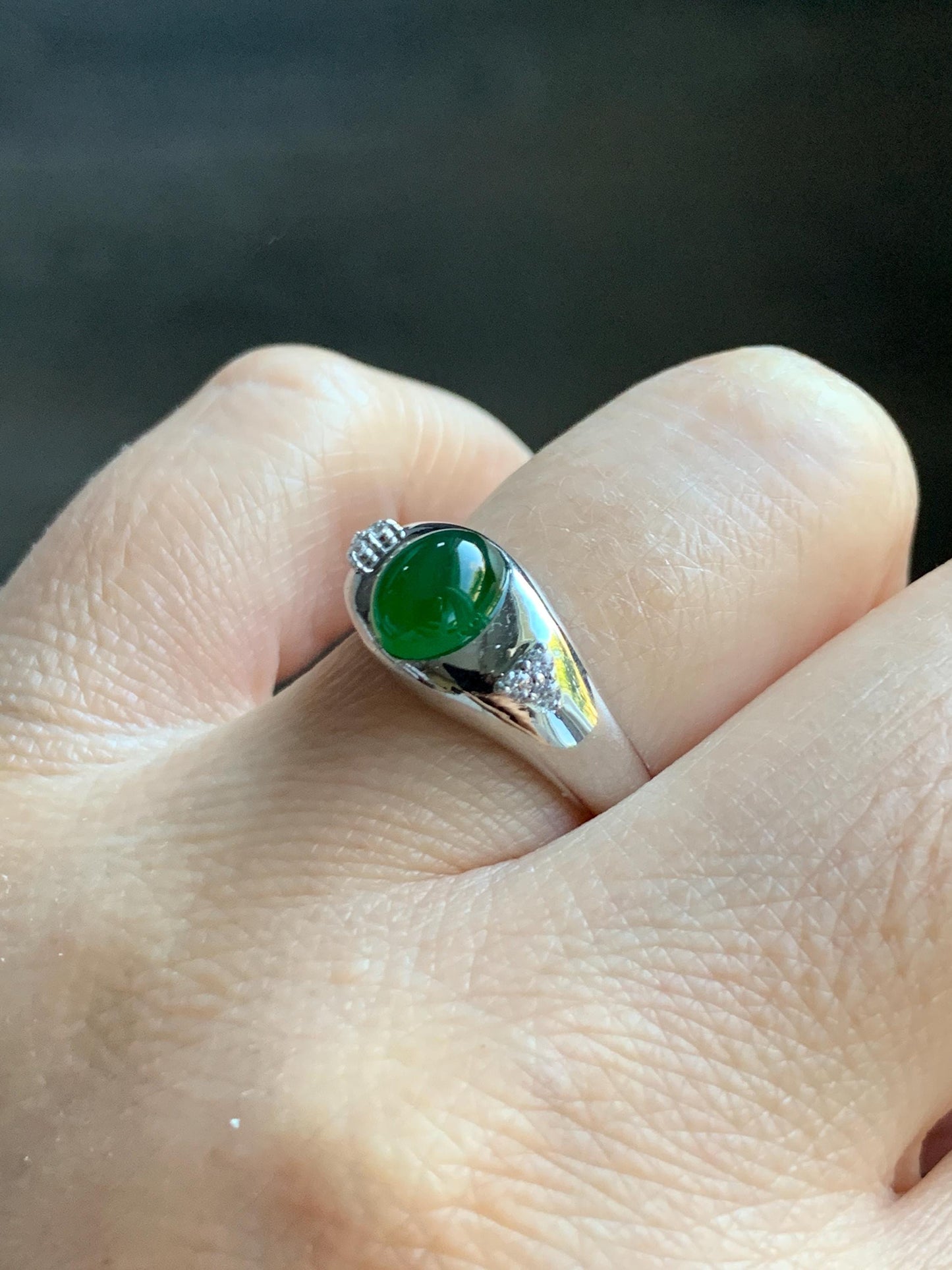 Certified Natural Grade A Guatemalan Icy Translucent Intense Vibrant Green Oval Jade Jadeite Ring Sterling Silver size 7.25 天然冰危绿翡翠镶嵌戒指 191