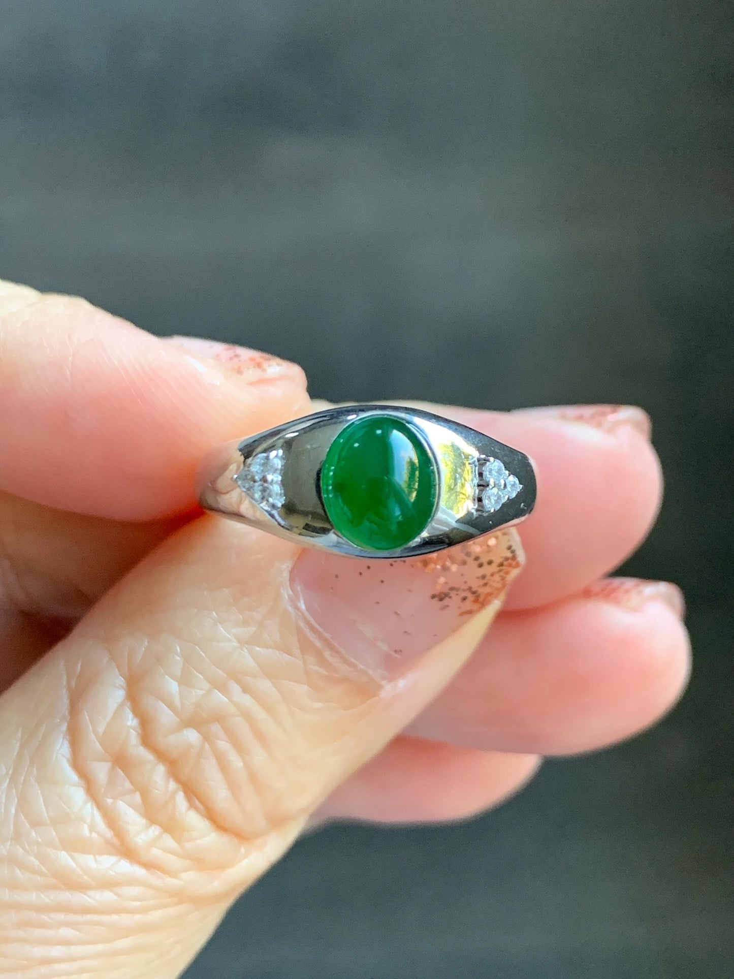 Certified Natural Grade A Guatemalan Icy Translucent Intense Vibrant Green Oval Jade Jadeite Ring Sterling Silver size 7.25 天然冰危绿翡翠镶嵌戒指 191