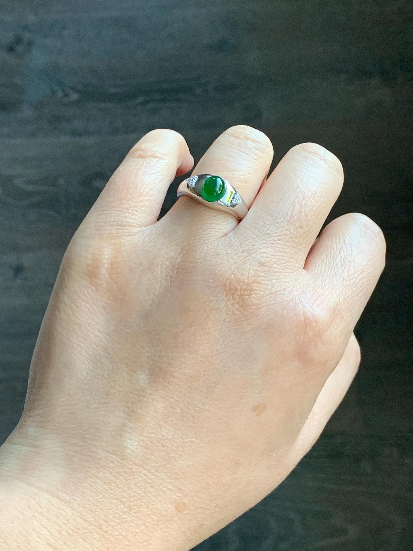 Certified Natural Grade A Guatemalan Icy Translucent Intense Vibrant Green Oval Jade Jadeite Ring Sterling Silver size 7.25 天然冰危绿翡翠镶嵌戒指 191