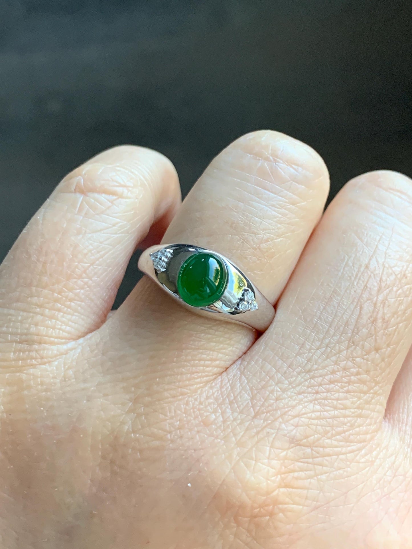 Certified Natural Grade A Guatemalan Icy Translucent Intense Vibrant Green Oval Jade Jadeite Ring Sterling Silver size 7.25 天然冰危绿翡翠镶嵌戒指 191