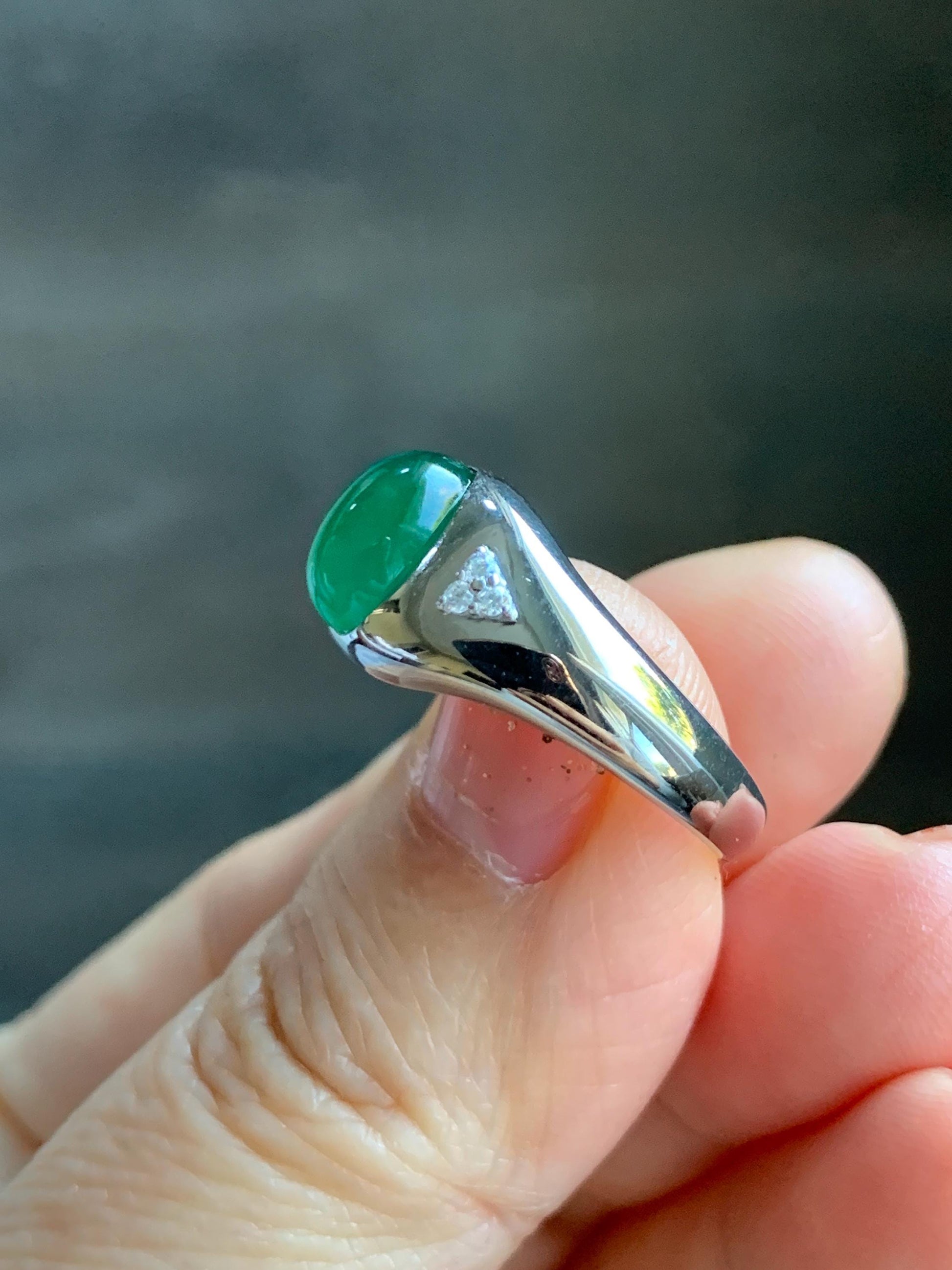 Certified Natural Grade A Guatemalan Icy Translucent Intense Rich Green Oval Jade Jadeite Ring Sterling Silver size 7.25 天然冰危绿翡翠镶嵌戒指 190