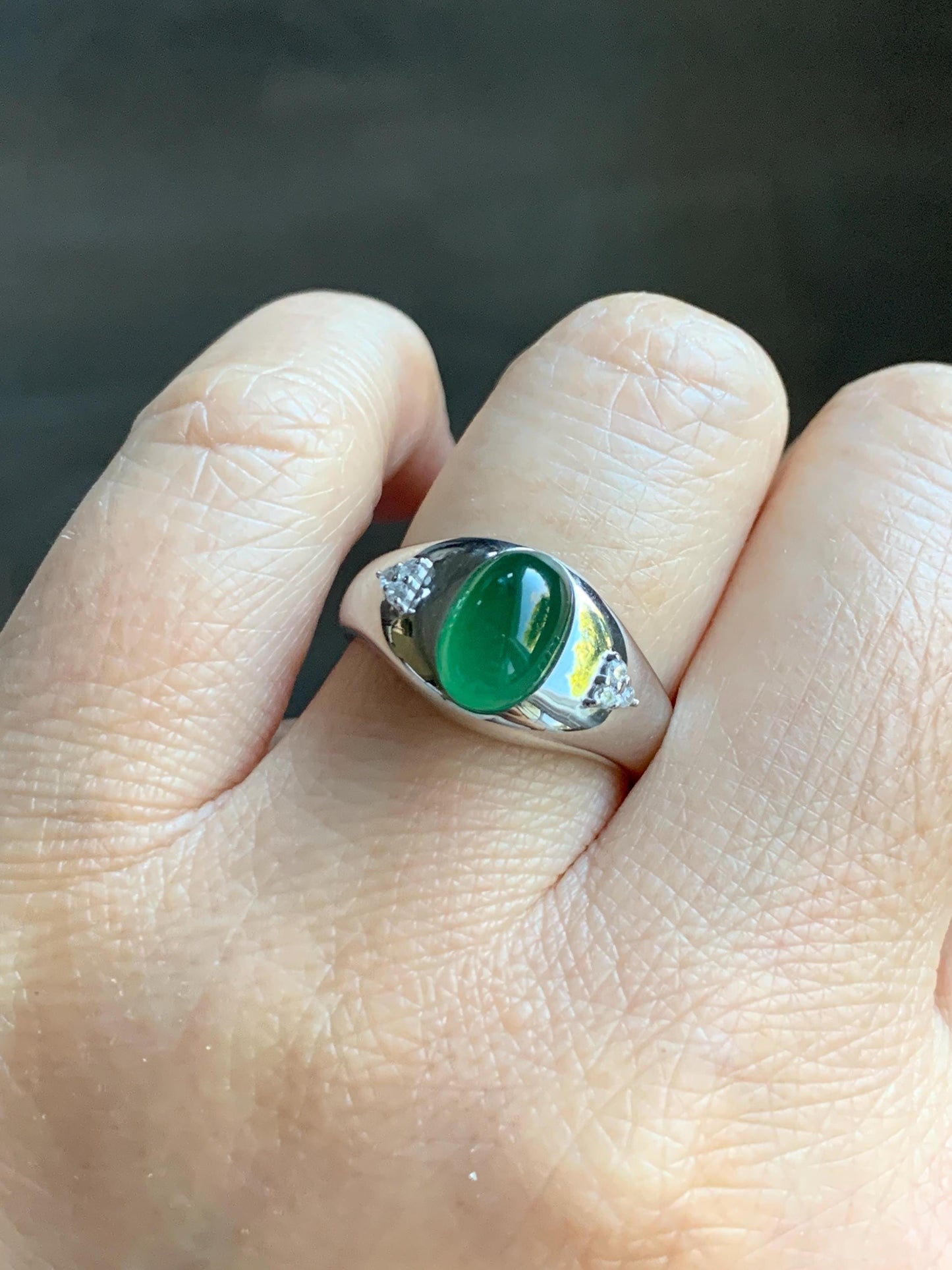 Certified Natural Grade A Guatemalan Icy Translucent Intense Rich Green Oval Jade Jadeite Ring Sterling Silver size 7.25 天然冰危绿翡翠镶嵌戒指 190