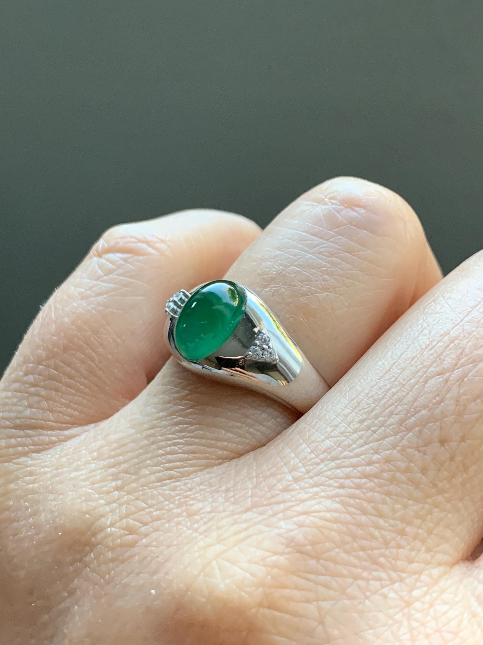 Certified Natural Grade A Guatemalan Icy Translucent Intense Rich Green Oval Jade Jadeite Ring Sterling Silver size 7.25 天然冰危绿翡翠镶嵌戒指 190