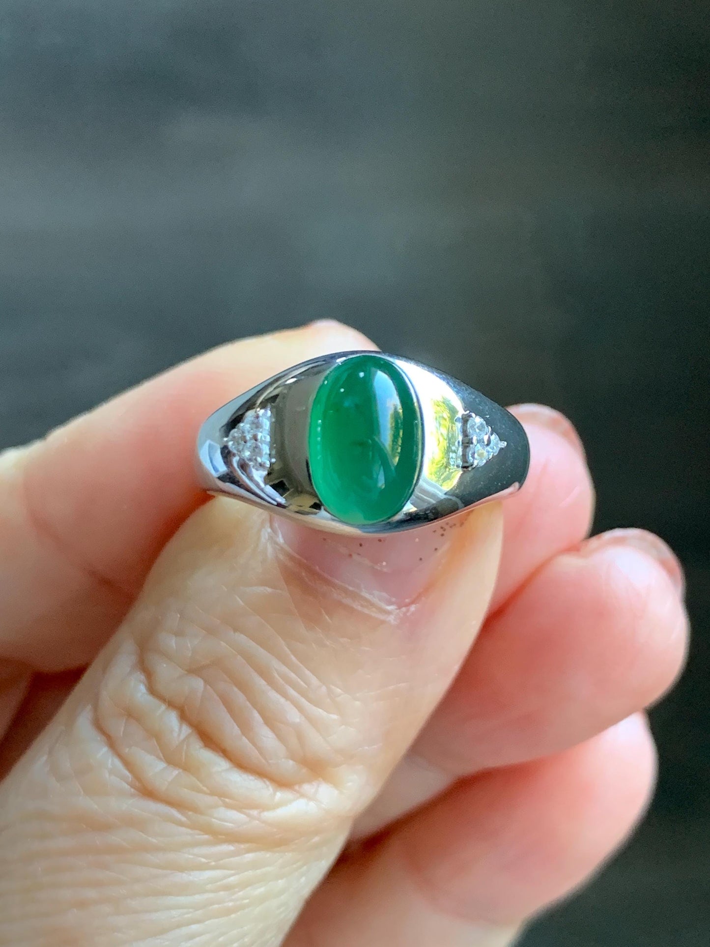 Certified Natural Grade A Guatemalan Icy Translucent Intense Rich Green Oval Jade Jadeite Ring Sterling Silver size 7.25 天然冰危绿翡翠镶嵌戒指 190