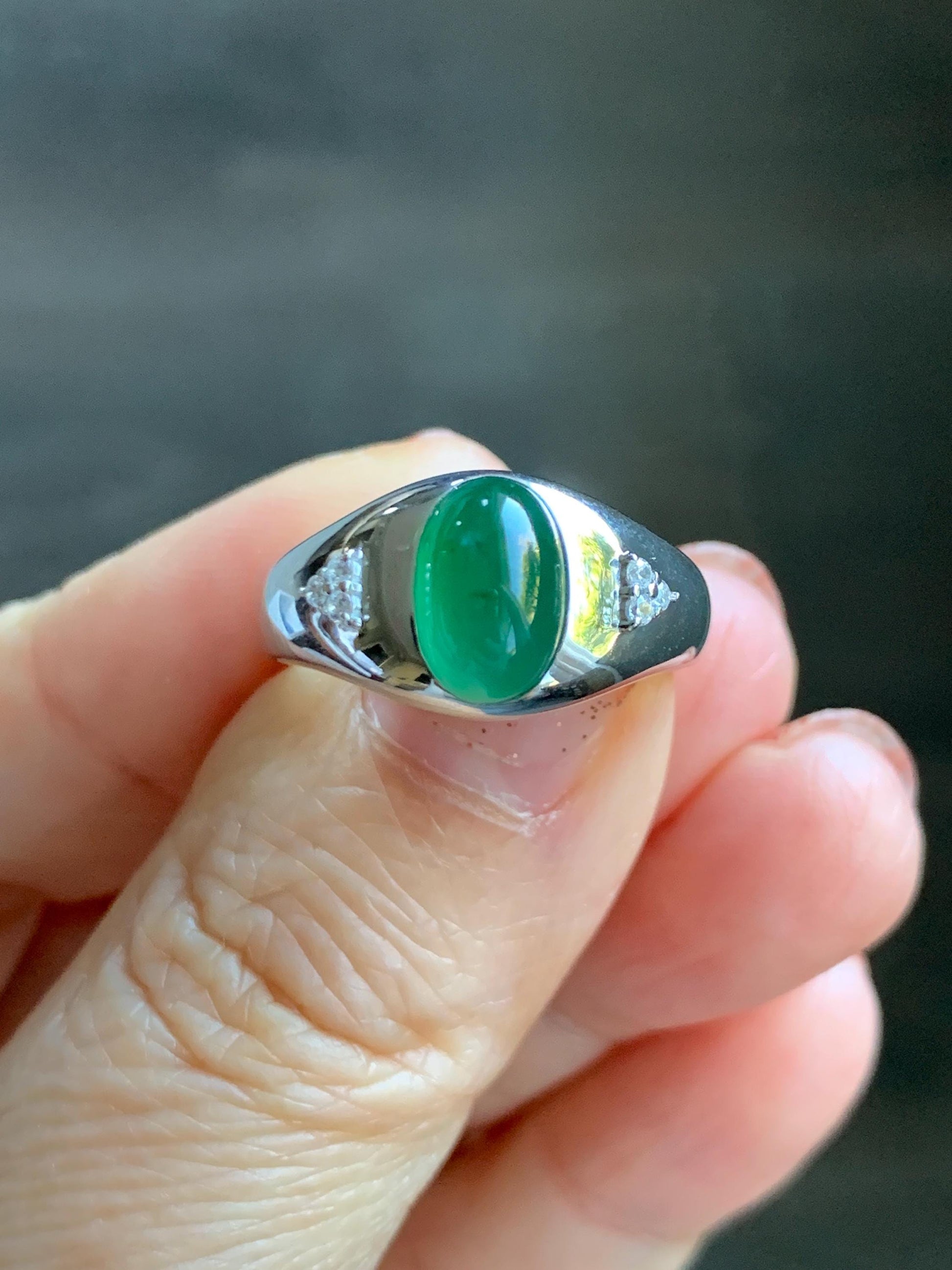 Certified Natural Grade A Guatemalan Icy Translucent Intense Rich Green Oval Jade Jadeite Ring Sterling Silver size 7.25 天然冰危绿翡翠镶嵌戒指 190