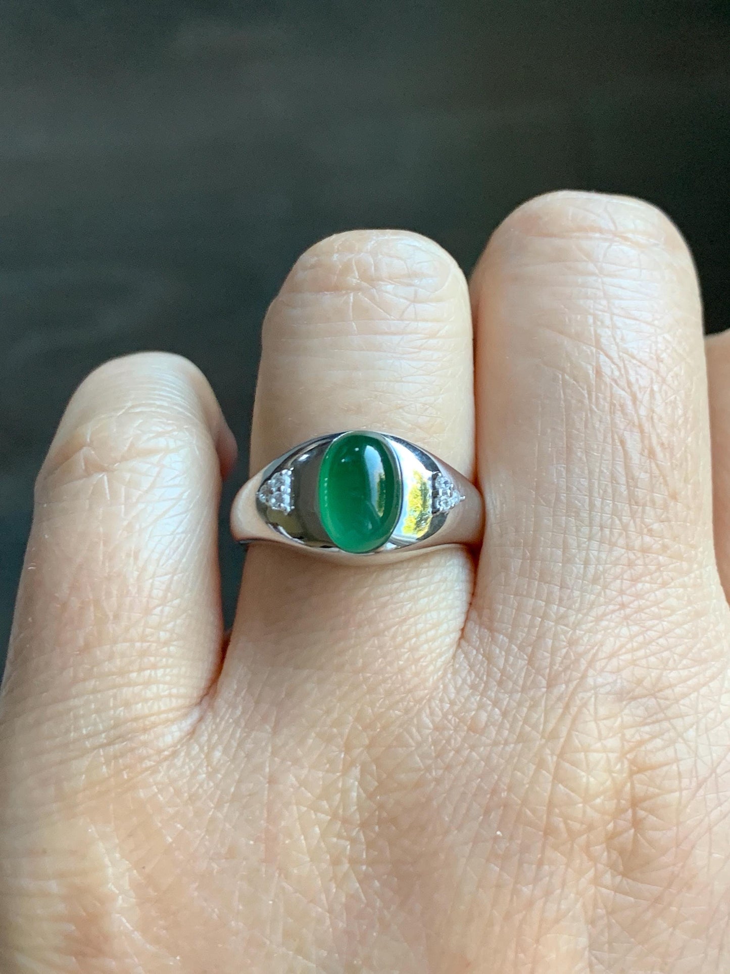 Certified Natural Grade A Guatemalan Icy Translucent Intense Rich Green Oval Jade Jadeite Ring Sterling Silver size 7.25 天然冰危绿翡翠镶嵌戒指 190