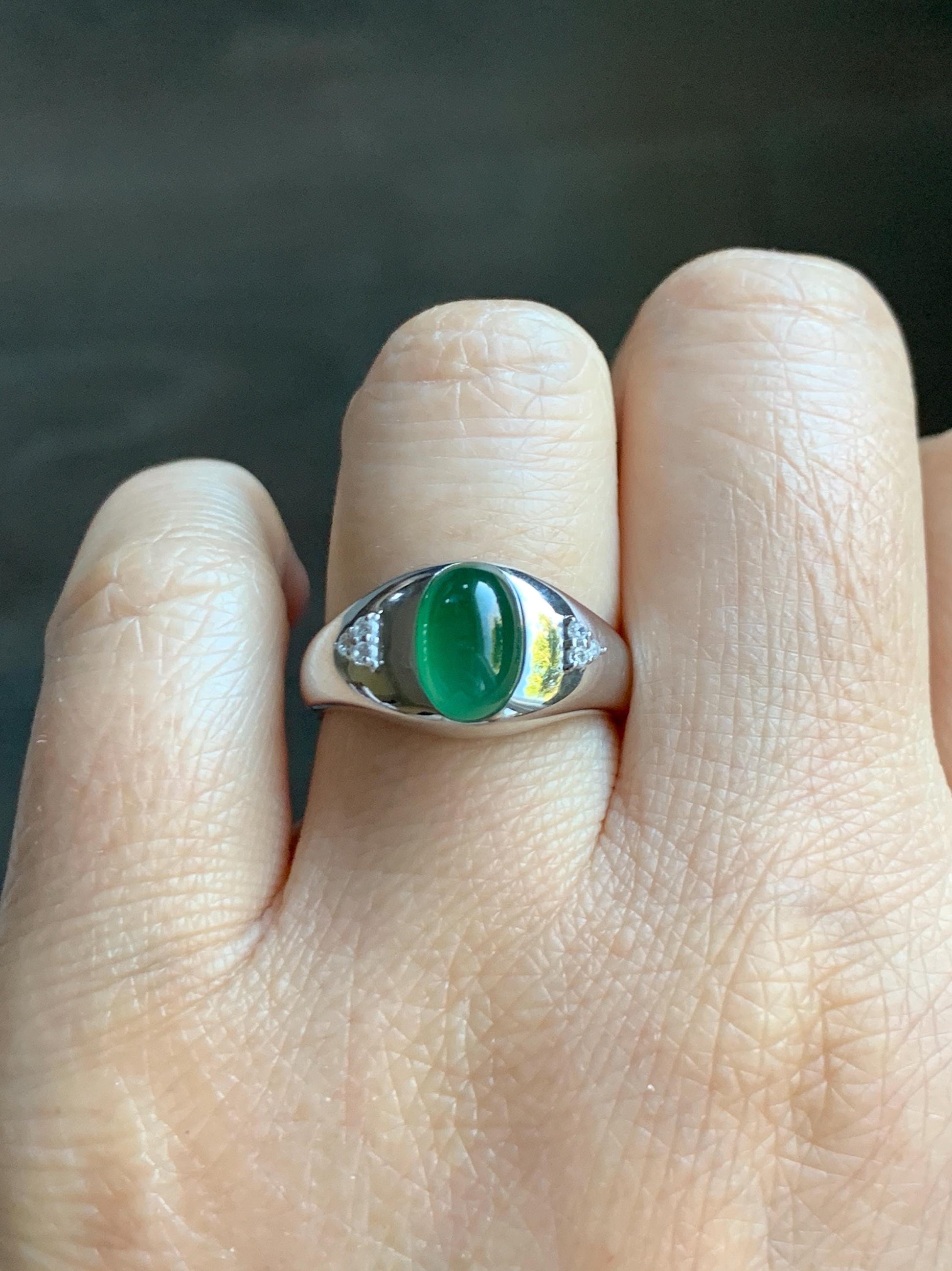 Certified Natural Grade A Guatemalan Icy Translucent Intense Rich Green Oval Jade Jadeite Ring Sterling Silver size 7.25 天然冰危绿翡翠镶嵌戒指 190