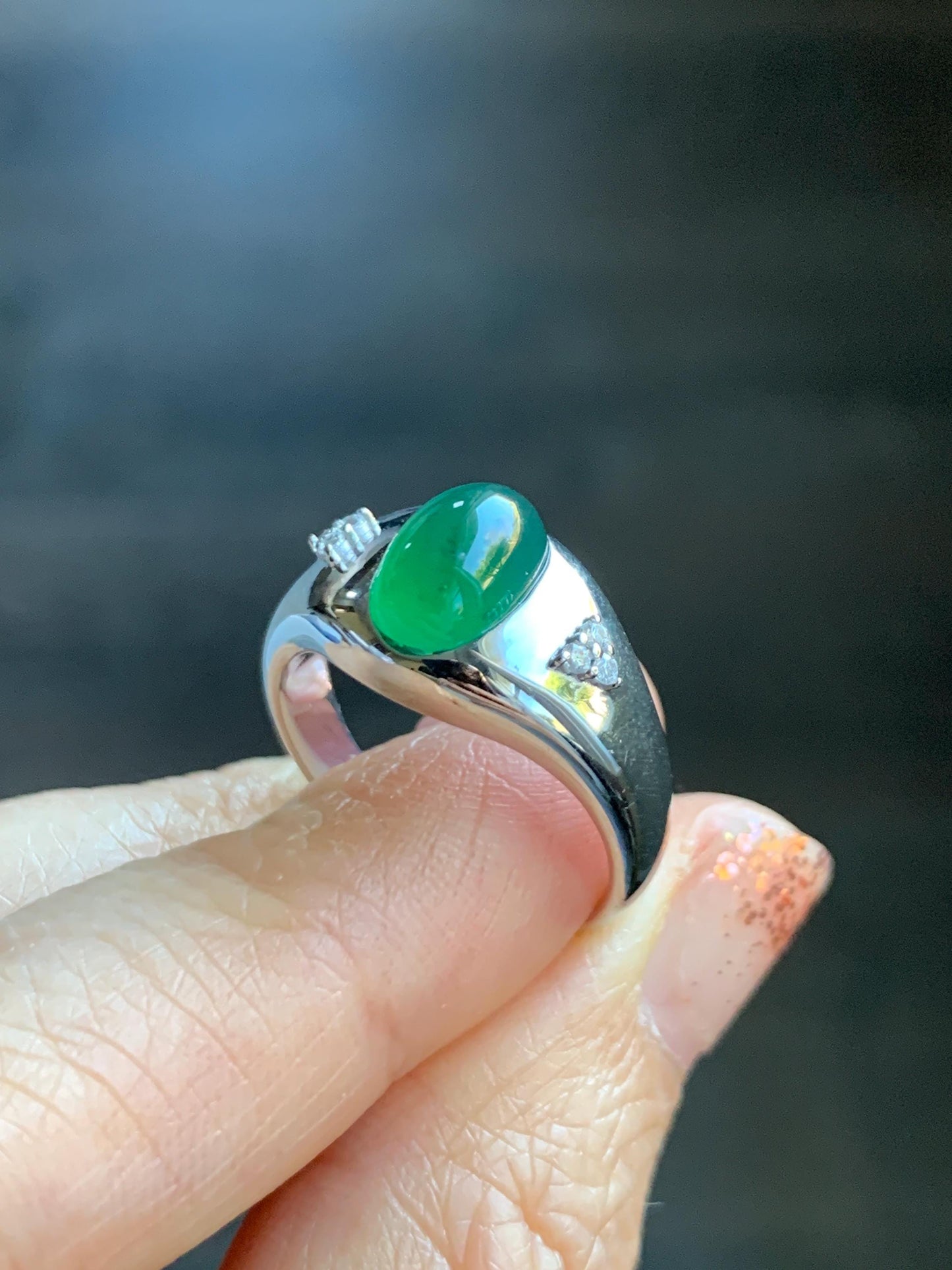 Certified Natural Grade A Guatemalan Icy Translucent Intense Rich Green Oval Jade Jadeite Ring Sterling Silver size 7.25 天然冰危绿翡翠镶嵌戒指 190