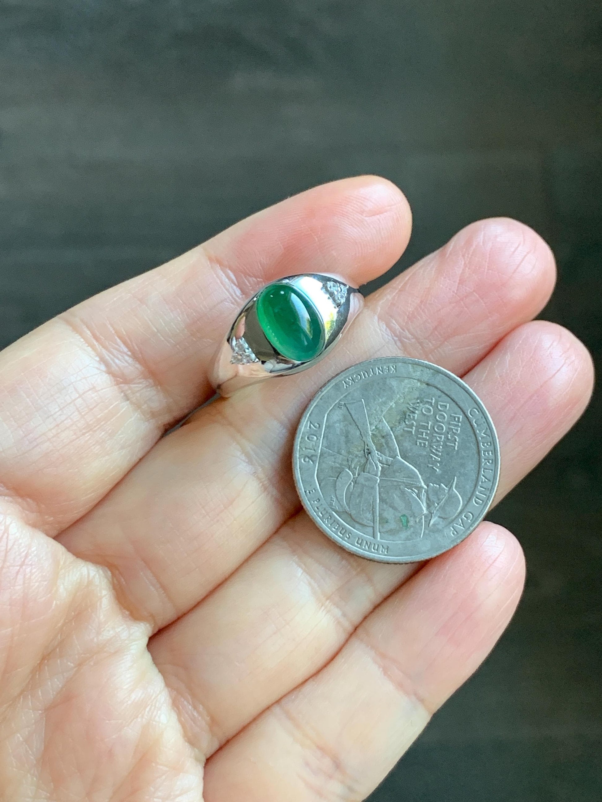 Certified Natural Grade A Guatemalan Icy Translucent Intense Rich Green Oval Jade Jadeite Ring Sterling Silver size 7.25 天然冰危绿翡翠镶嵌戒指 190