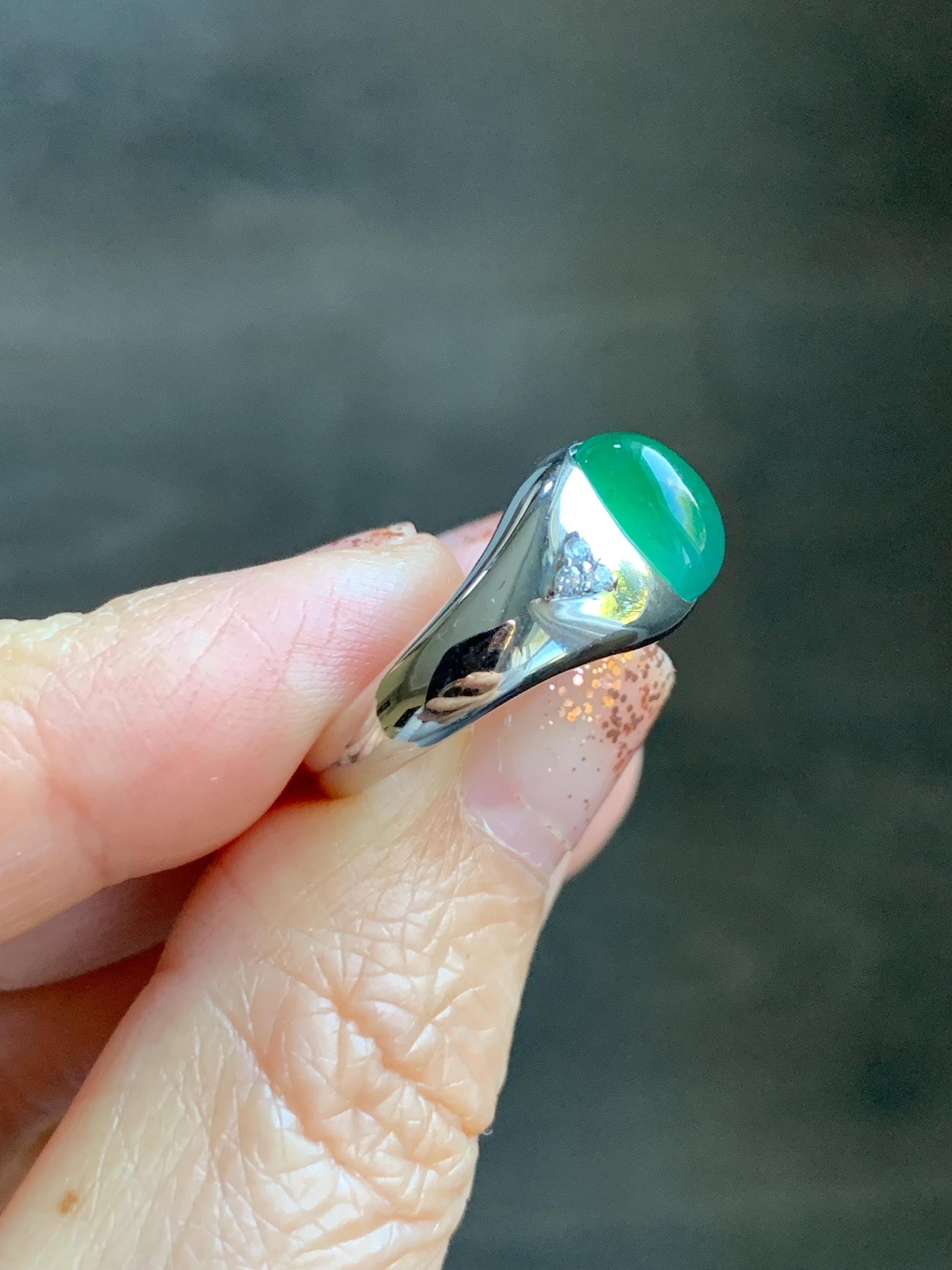 Certified Natural Grade A Guatemalan Icy Translucent Intense Rich Green Oval Jade Jadeite Ring Sterling Silver size 7.25 天然冰危绿翡翠镶嵌戒指 190