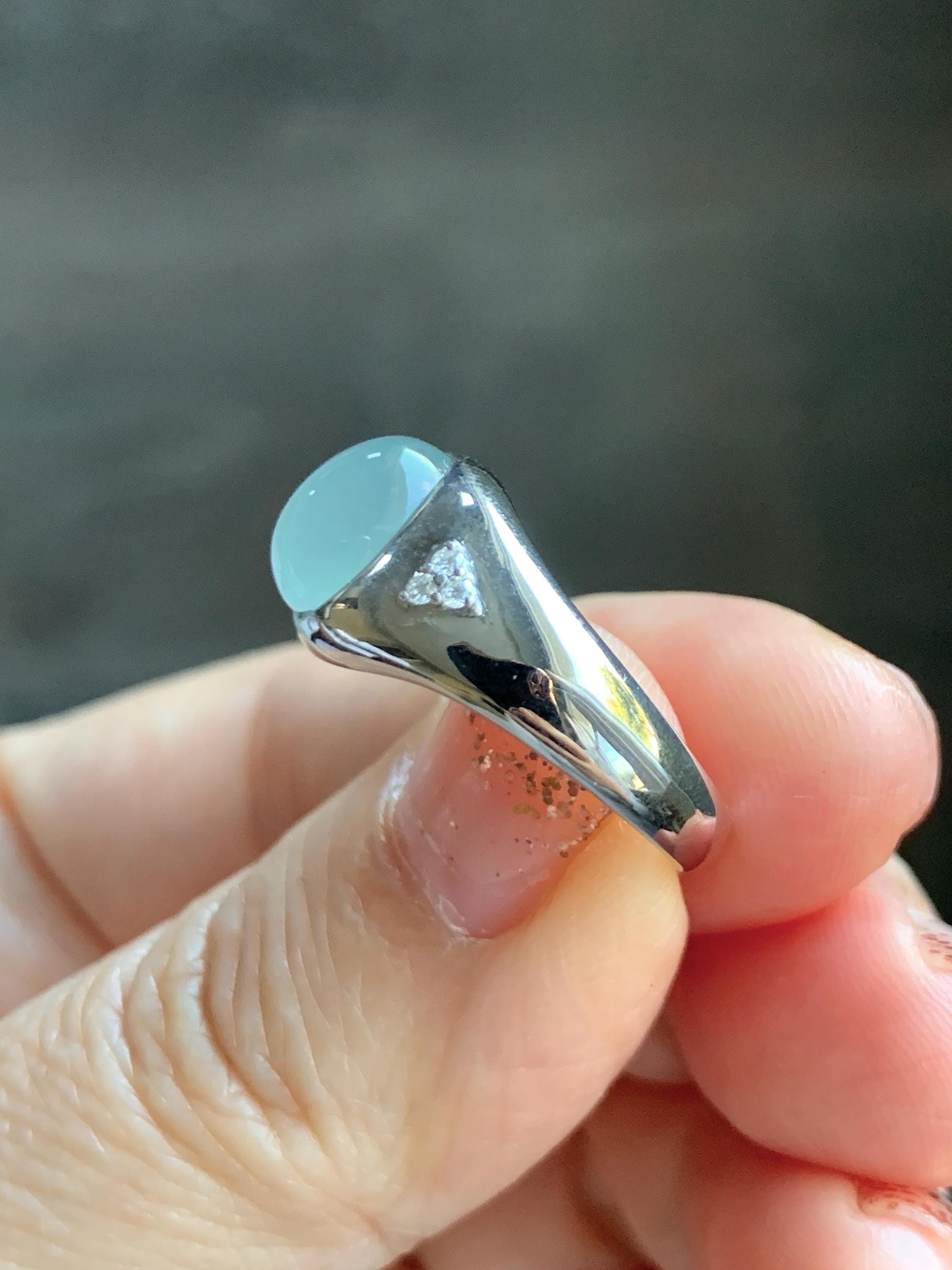 Certified Natural Grade A Guatemalan Icy Translucent Pastel Teal Blue Oval Jade Jadeite Ring Sterling Silver size 7.25 天然冰危淡蓝底翡翠镶嵌戒指 180