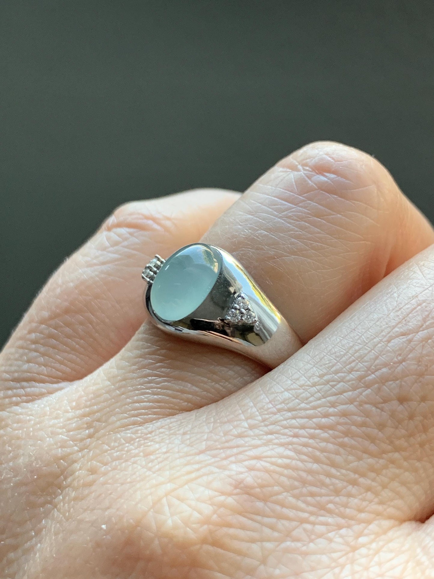 Certified Natural Grade A Guatemalan Icy Translucent Pastel Teal Blue Oval Jade Jadeite Ring Sterling Silver size 7.25 天然冰危淡蓝底翡翠镶嵌戒指 180