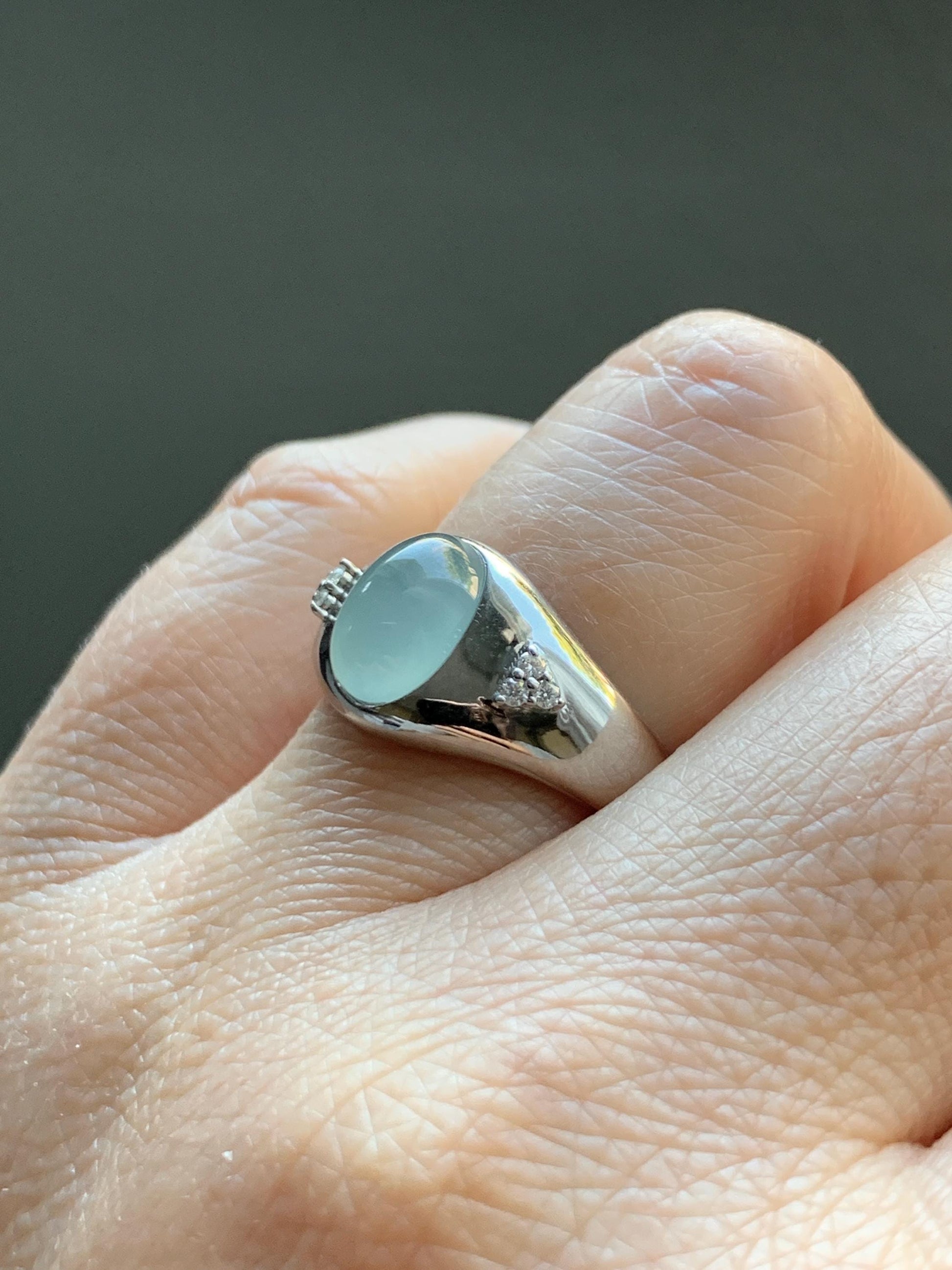 Certified Natural Grade A Guatemalan Icy Translucent Pastel Teal Blue Oval Jade Jadeite Ring Sterling Silver size 7.25 天然冰危淡蓝底翡翠镶嵌戒指 180