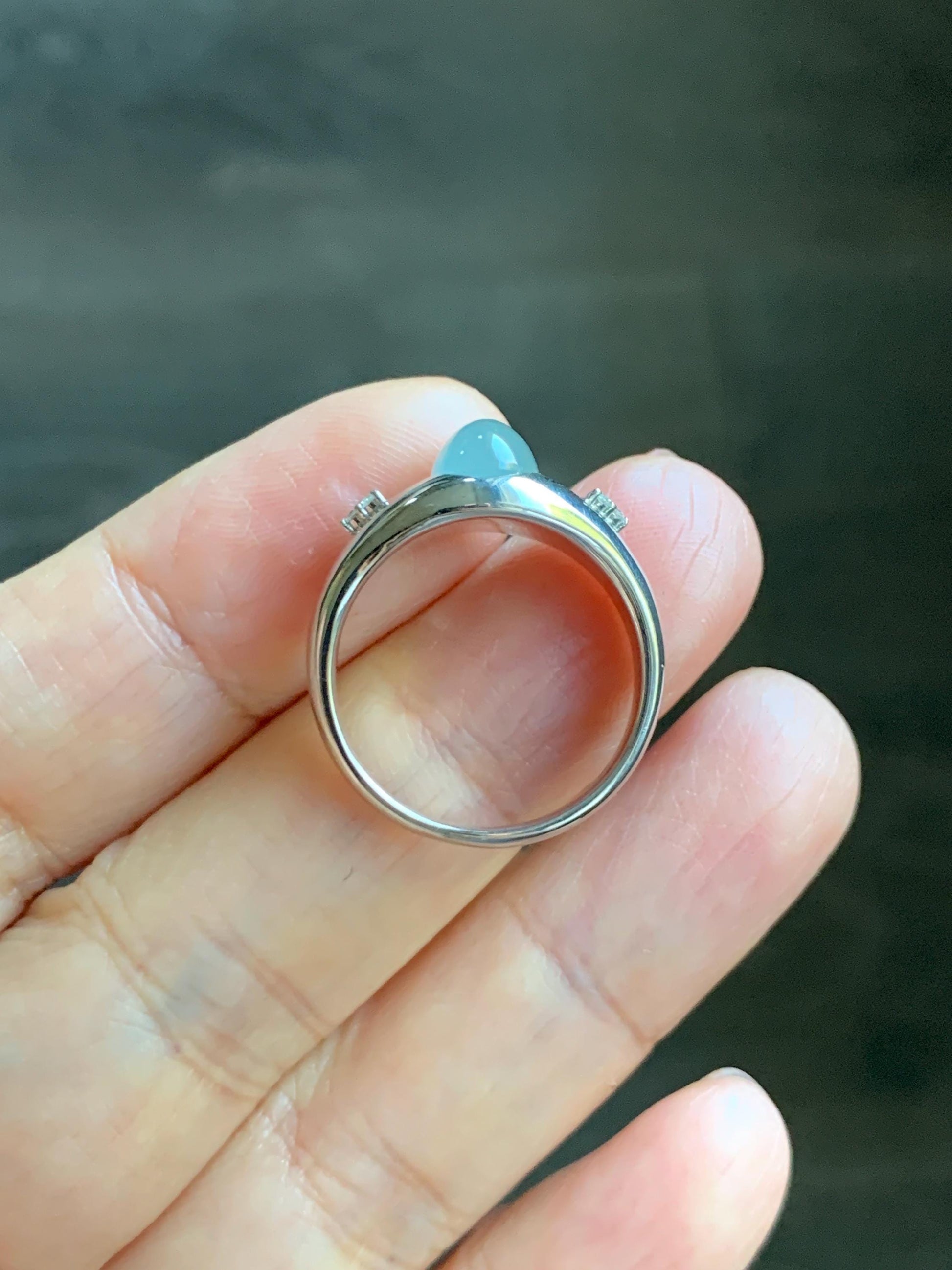 Certified Natural Grade A Guatemalan Icy Translucent Pastel Teal Blue Oval Jade Jadeite Ring Sterling Silver size 7.25 天然冰危淡蓝底翡翠镶嵌戒指 180
