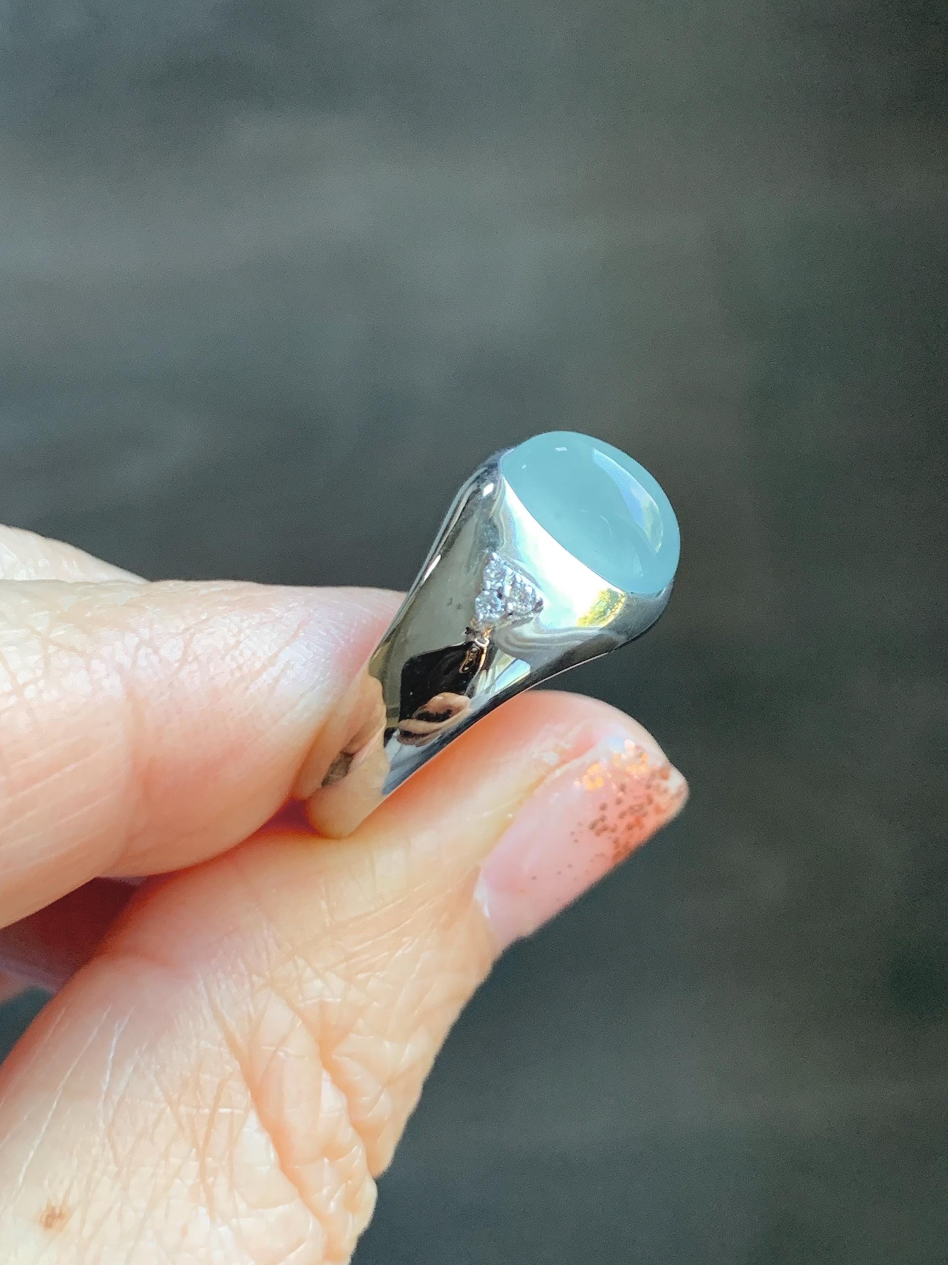 Certified Natural Grade A Guatemalan Icy Translucent Pastel Teal Blue Oval Jade Jadeite Ring Sterling Silver size 7.25 天然冰危淡蓝底翡翠镶嵌戒指 180