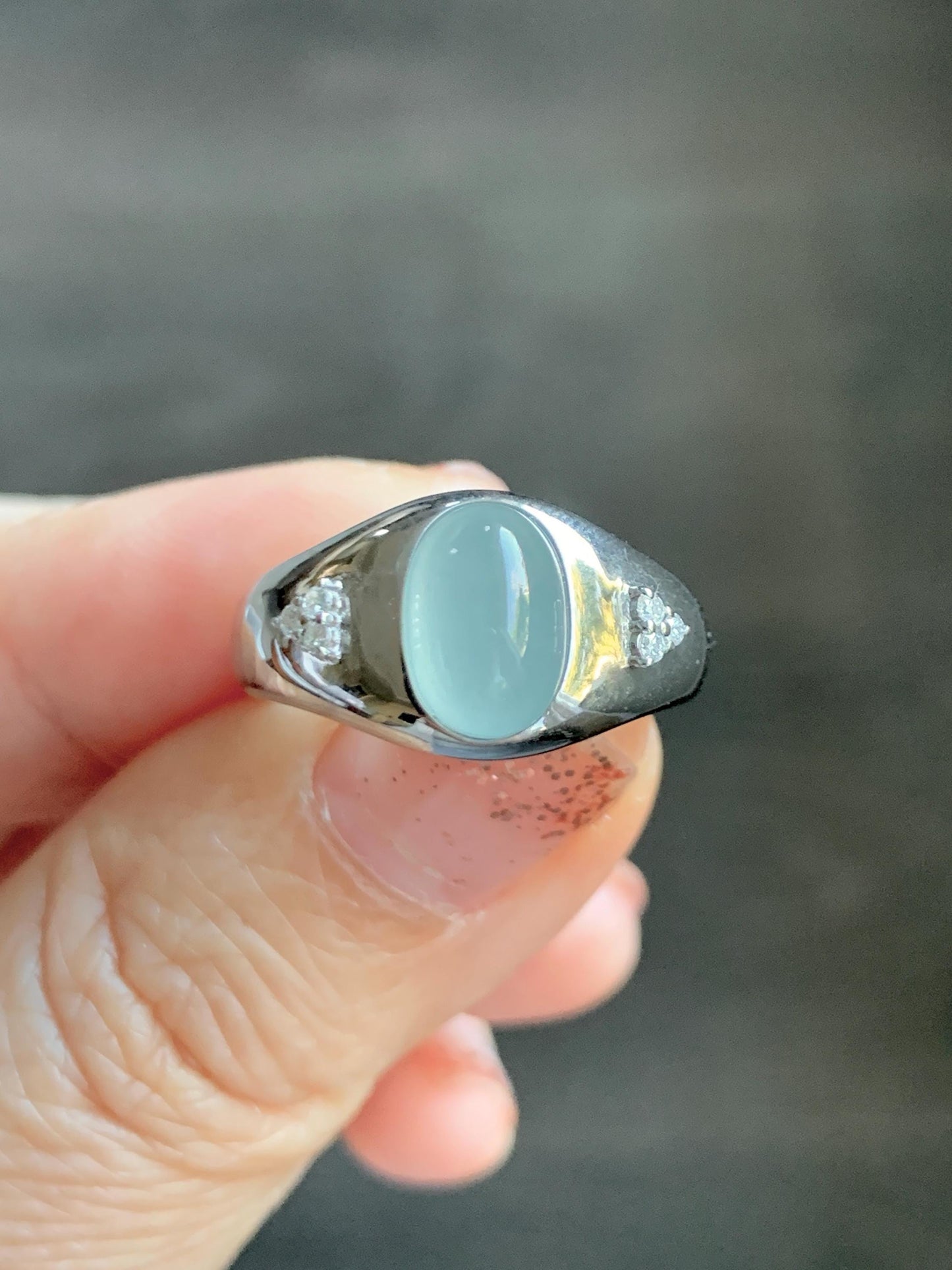 Certified Natural Grade A Guatemalan Icy Translucent Pastel Teal Blue Oval Jade Jadeite Ring Sterling Silver size 7.25 天然冰危淡蓝底翡翠镶嵌戒指 180
