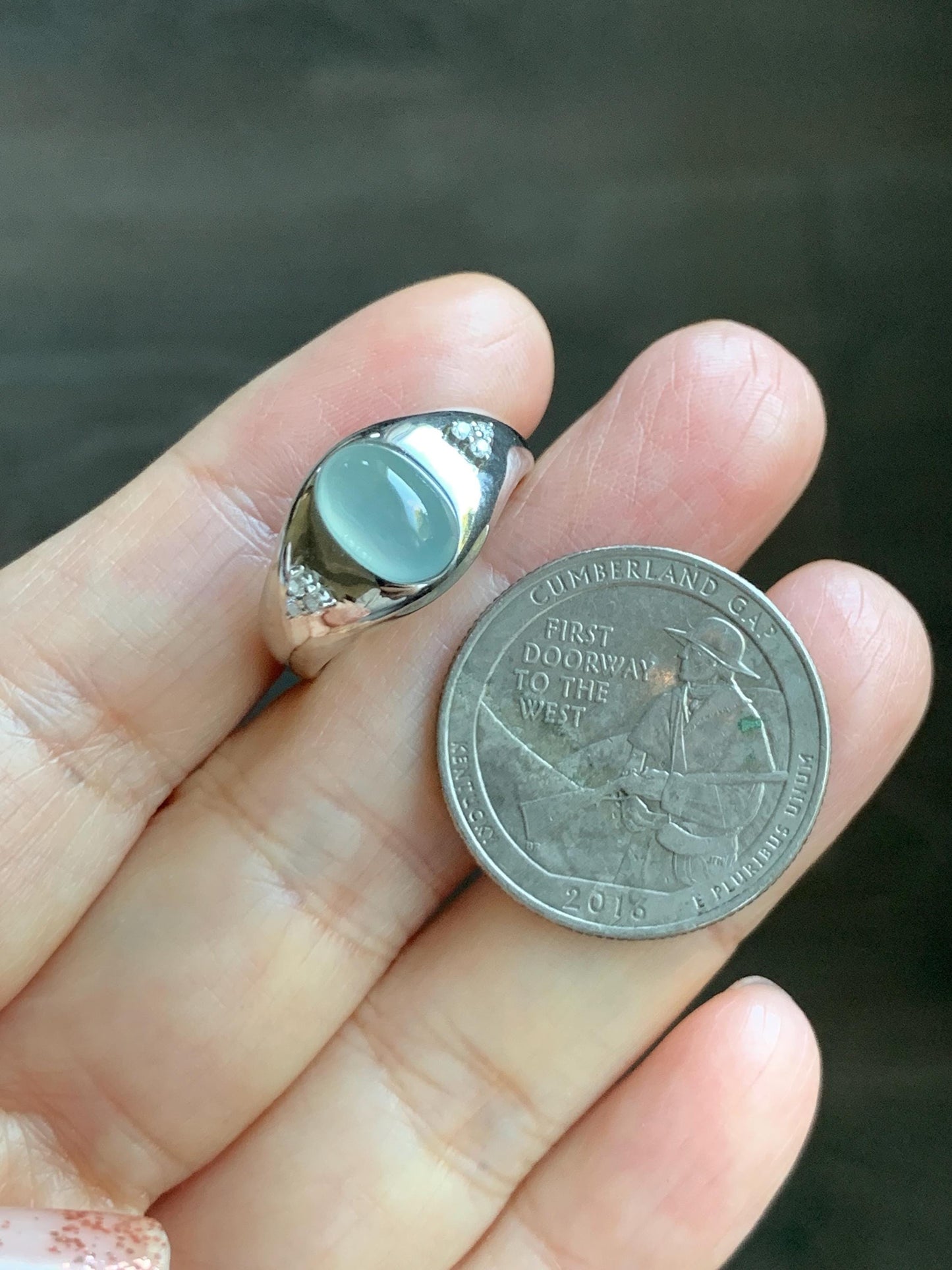 Certified Natural Grade A Guatemalan Icy Translucent Pastel Teal Blue Oval Jade Jadeite Ring Sterling Silver size 7.25 天然冰危淡蓝底翡翠镶嵌戒指 180