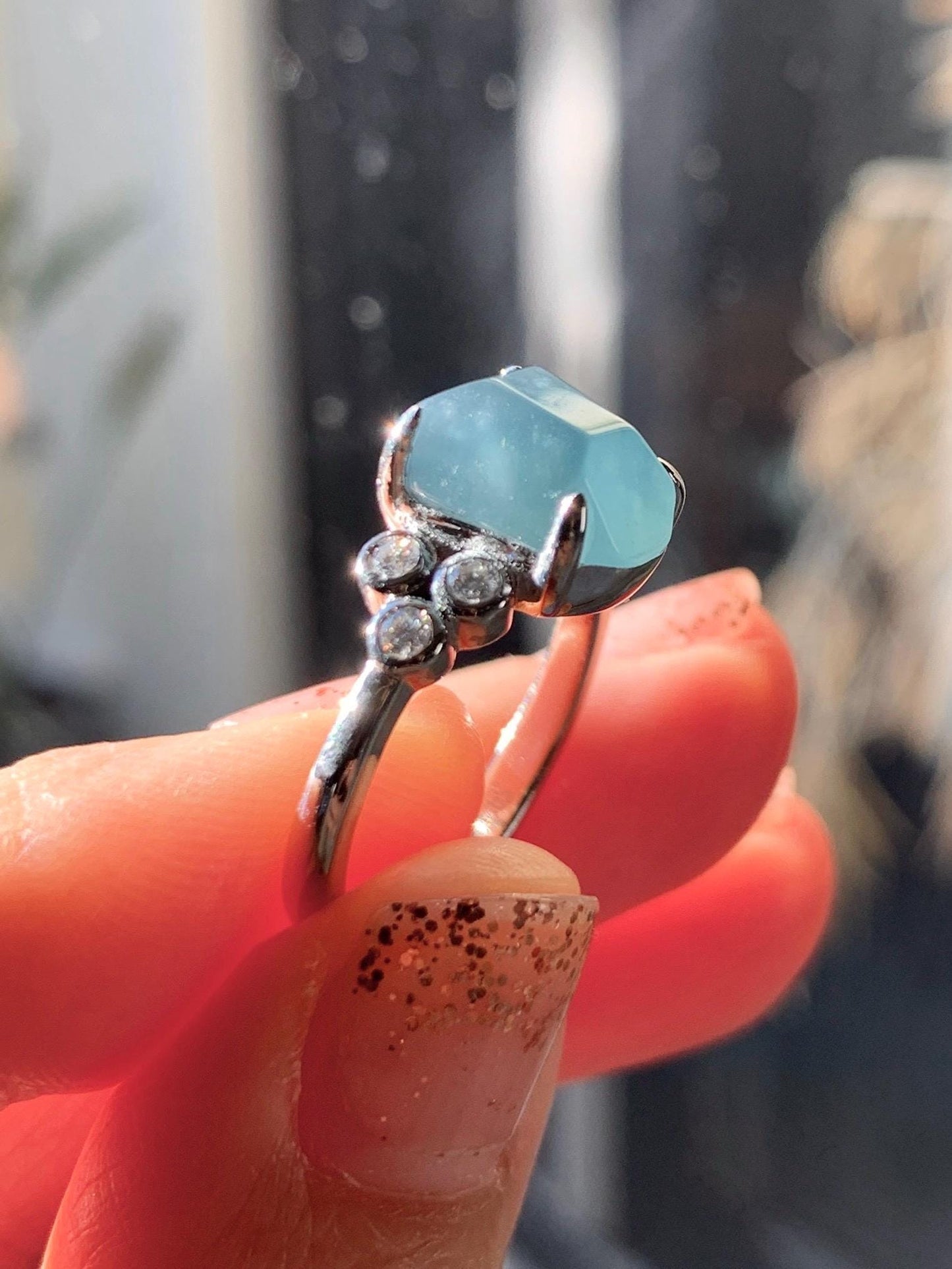 Certified Natural Grade A Guatemalan Icy Translucent Dark Teal Green Jade Jadeite Ring Sterling Silver size 7.25 天然冰危深蓝绿切割翡翠镶嵌戒指 187
