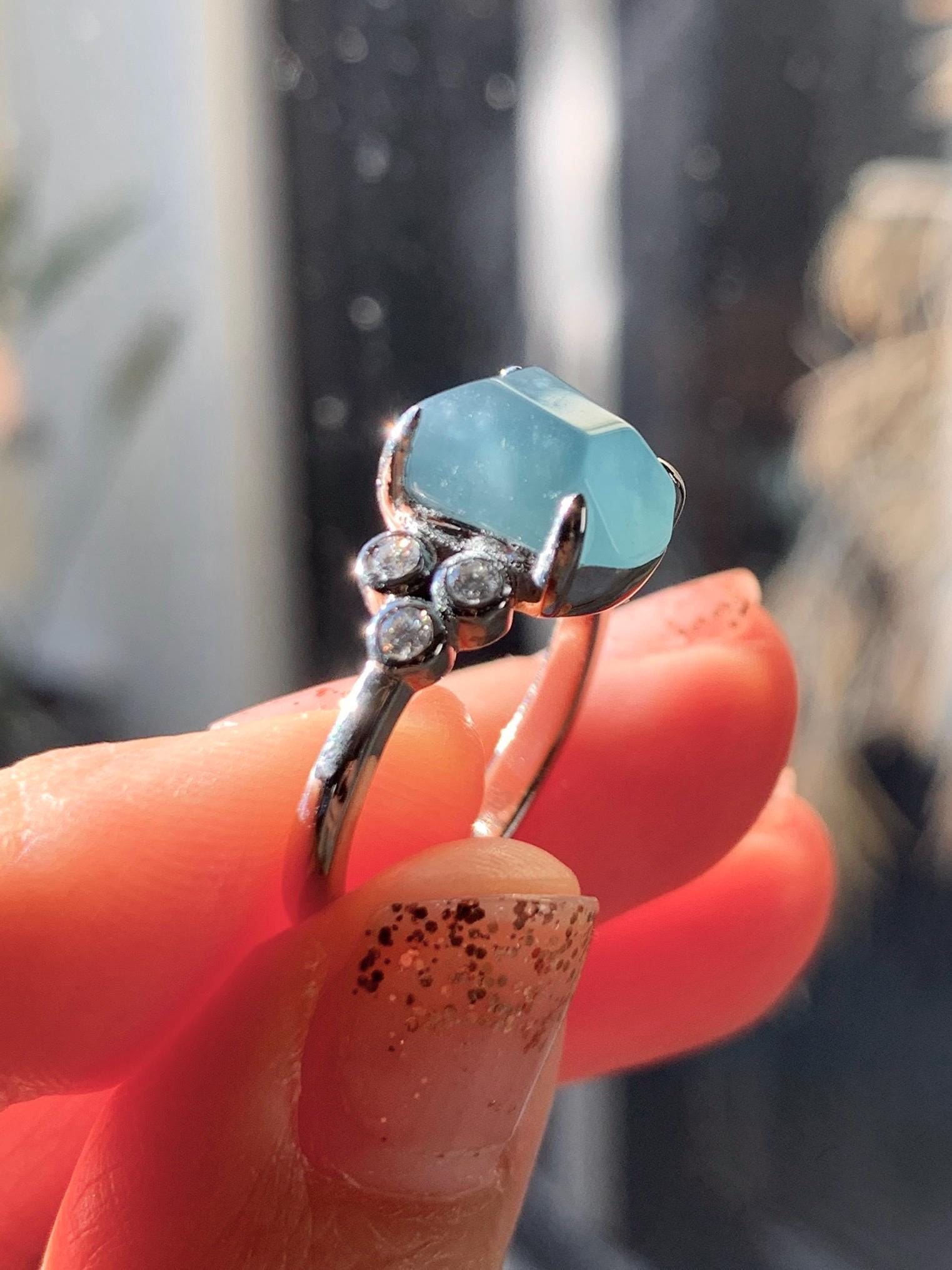 Certified Natural Grade A Guatemalan Icy Translucent Dark Teal Green Jade Jadeite Ring Sterling Silver size 7.25 天然冰危深蓝绿切割翡翠镶嵌戒指 187