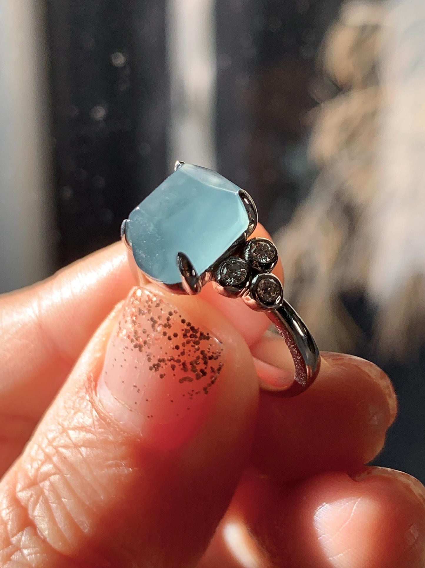 Certified Natural Grade A Guatemalan Icy Translucent Dark Teal Green Jade Jadeite Ring Sterling Silver size 7.25 天然冰危深蓝绿切割翡翠镶嵌戒指 187