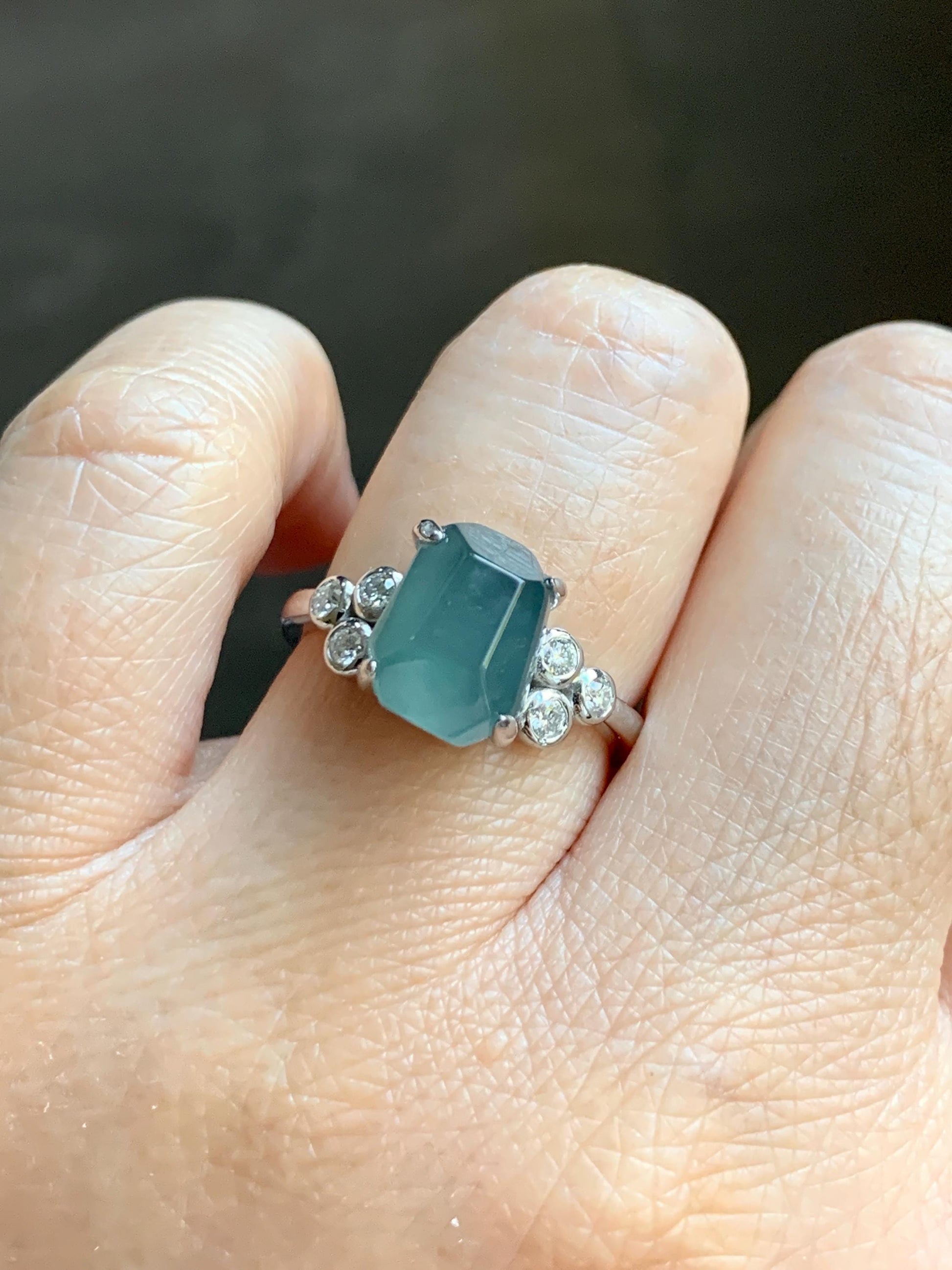 Certified Natural Grade A Guatemalan Icy Translucent Dark Teal Green Jade Jadeite Ring Sterling Silver size 7.25 天然冰危深蓝绿切割翡翠镶嵌戒指 187