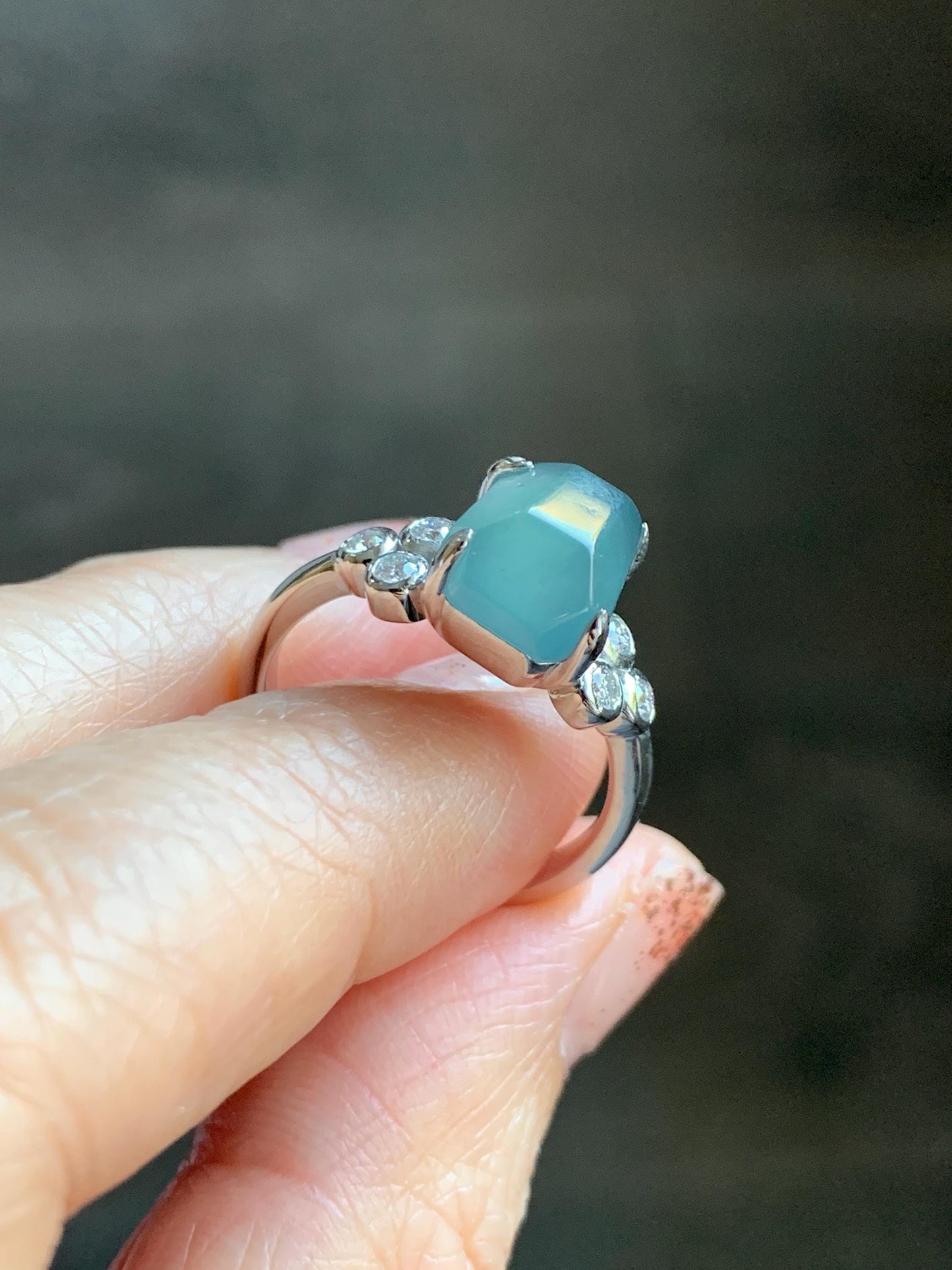 Certified Natural Grade A Guatemalan Icy Translucent Dark Teal Green Jade Jadeite Ring Sterling Silver size 7.25 天然冰危深蓝绿切割翡翠镶嵌戒指 187