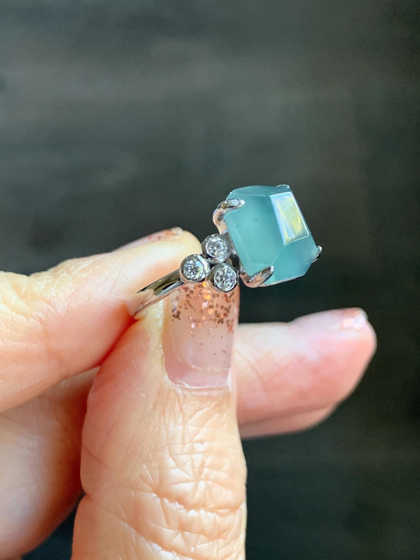 Certified Natural Grade A Guatemalan Icy Translucent Dark Teal Green Jade Jadeite Ring Sterling Silver size 7.25 天然冰危深蓝绿切割翡翠镶嵌戒指 187