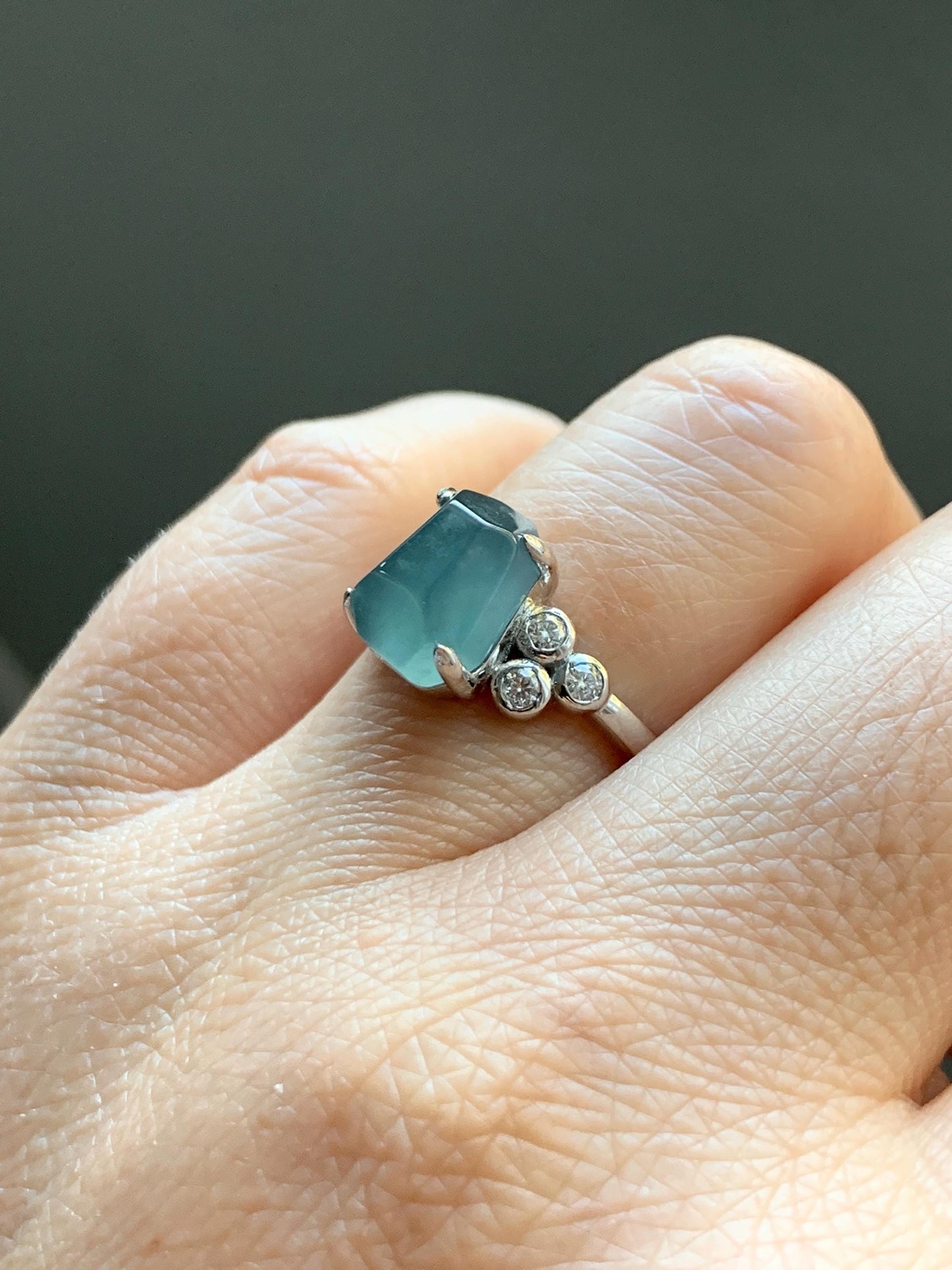 Certified Natural Grade A Guatemalan Icy Translucent Dark Teal Green Jade Jadeite Ring Sterling Silver size 7.25 天然冰危深蓝绿切割翡翠镶嵌戒指 187
