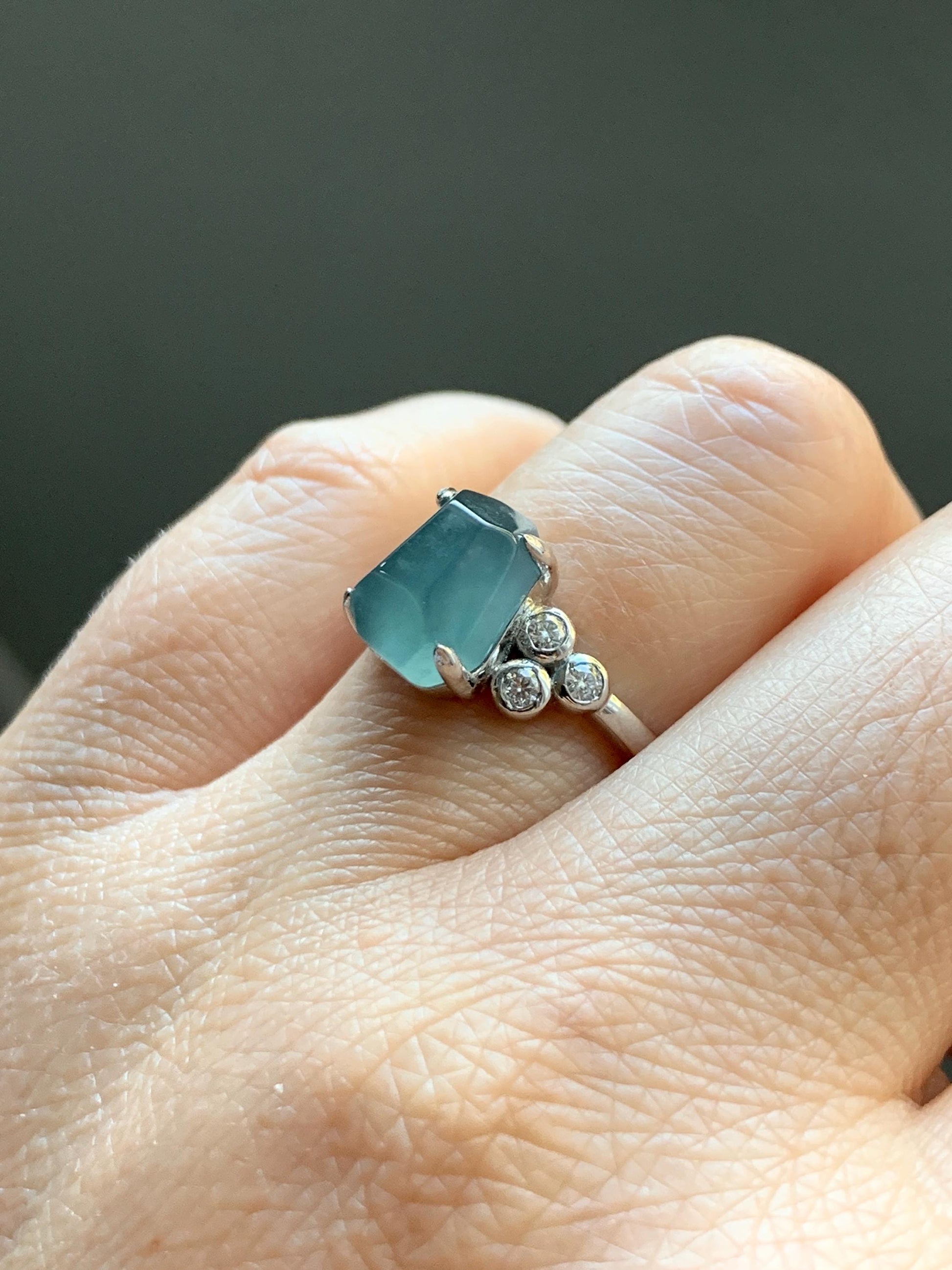 Certified Natural Grade A Guatemalan Icy Translucent Dark Teal Green Jade Jadeite Ring Sterling Silver size 7.25 天然冰危深蓝绿切割翡翠镶嵌戒指 187