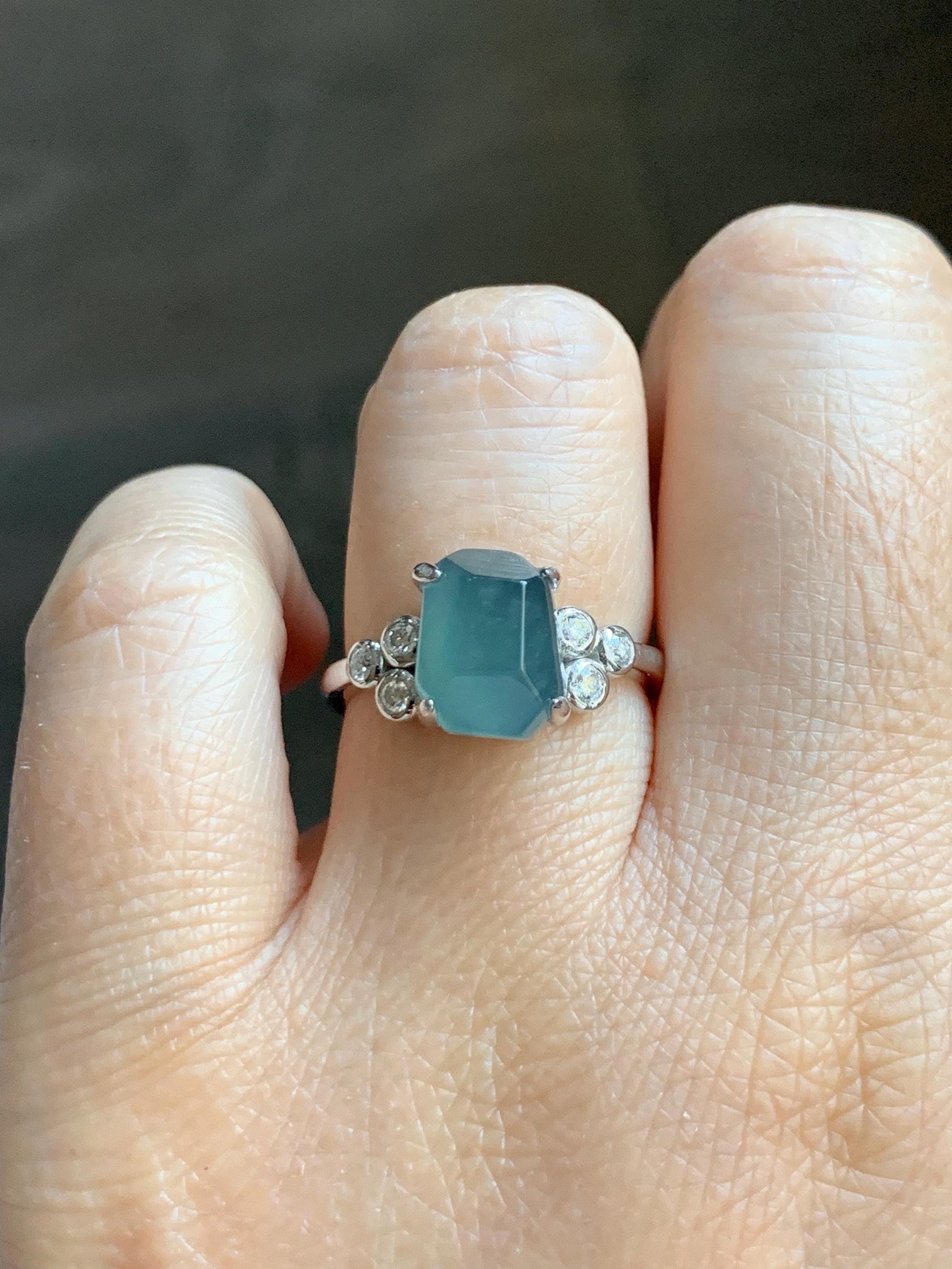 Certified Natural Grade A Guatemalan Icy Translucent Dark Teal Green Jade Jadeite Ring Sterling Silver size 7.25 天然冰危深蓝绿切割翡翠镶嵌戒指 187