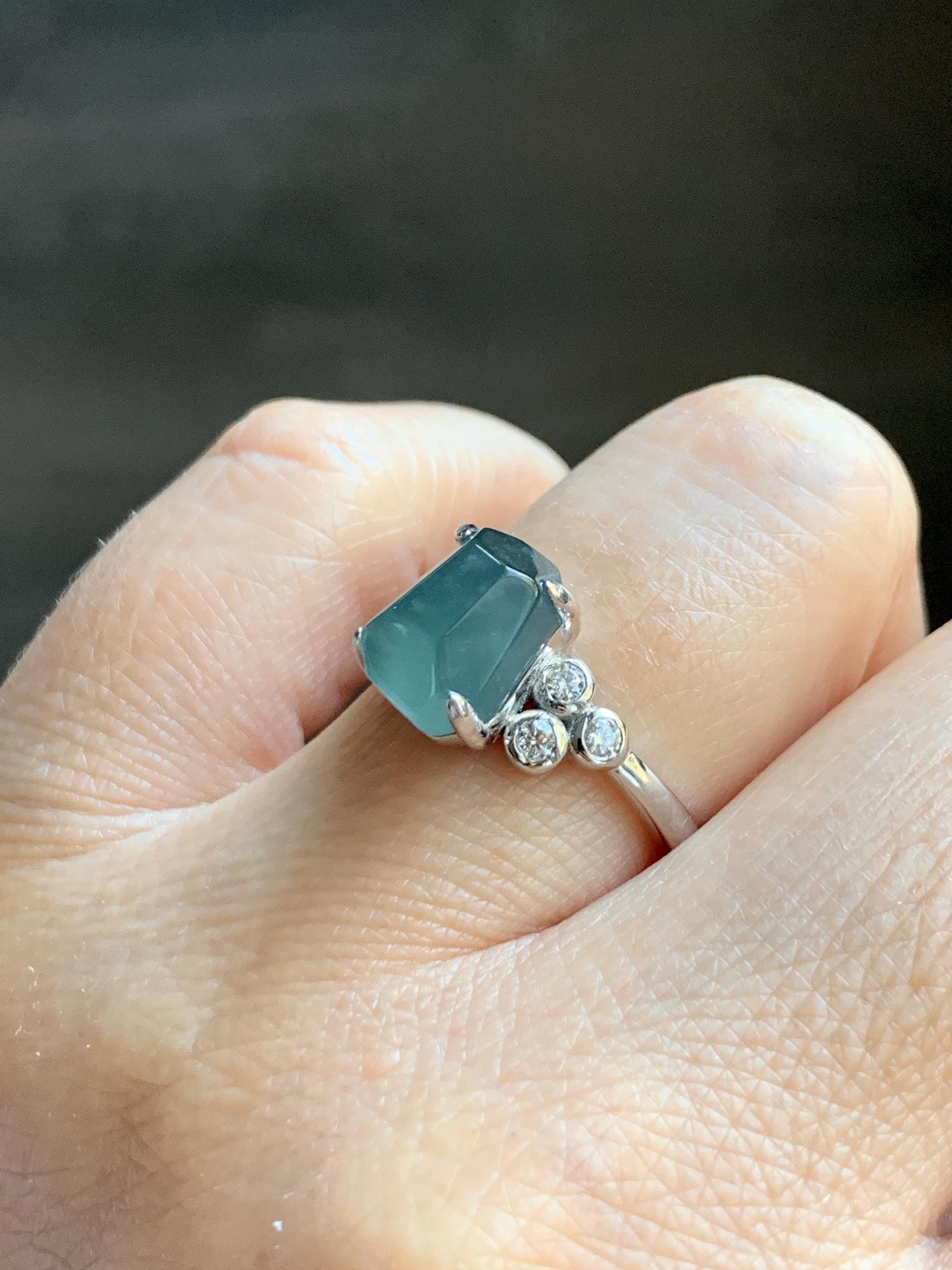 Certified Natural Grade A Guatemalan Icy Translucent Dark Teal Green Jade Jadeite Ring Sterling Silver size 7.25 天然冰危深蓝绿切割翡翠镶嵌戒指 187