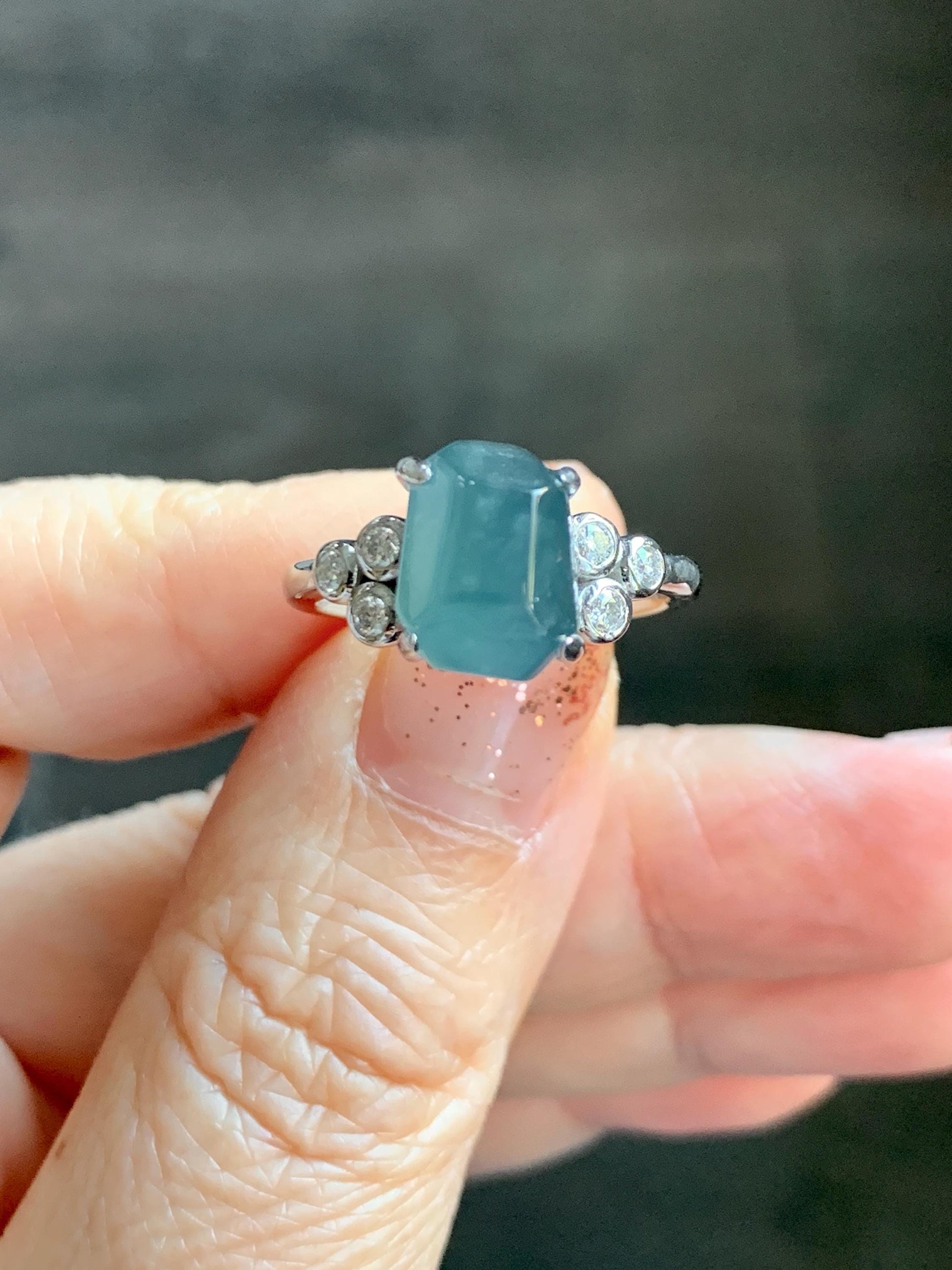 Certified Natural Grade A Guatemalan Icy Translucent Dark Teal Green Jade Jadeite Ring Sterling Silver size 7.25 天然冰危深蓝绿切割翡翠镶嵌戒指 187