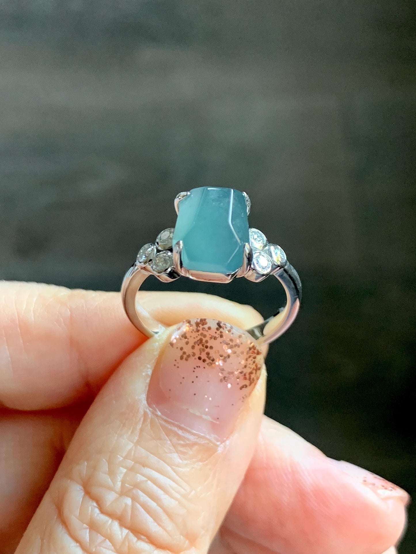 Certified Natural Grade A Guatemalan Icy Translucent Dark Teal Green Jade Jadeite Ring Sterling Silver size 7.25 天然冰危深蓝绿切割翡翠镶嵌戒指 187