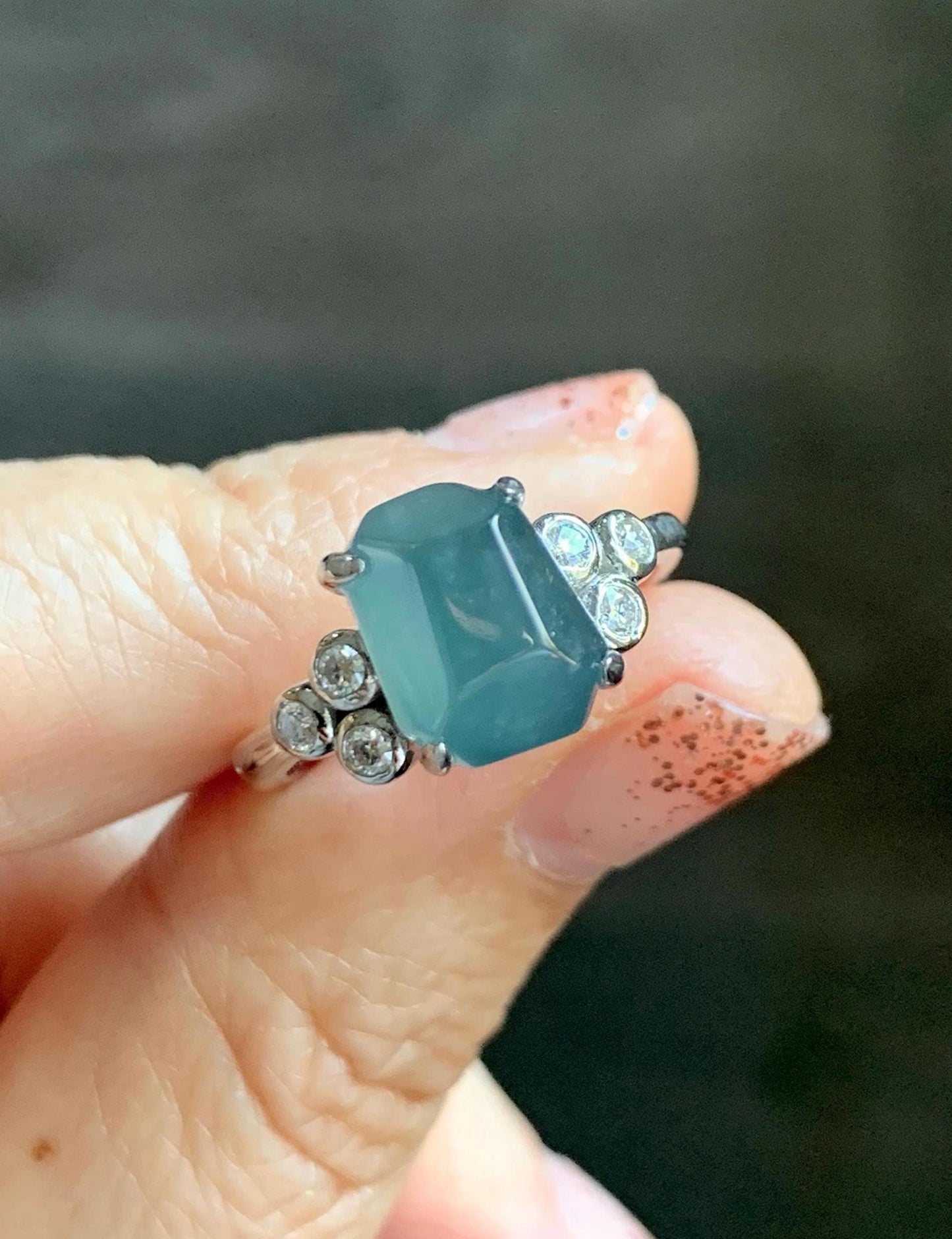 Certified Natural Grade A Guatemalan Icy Translucent Dark Teal Green Jade Jadeite Ring Sterling Silver size 7.25 天然冰危深蓝绿切割翡翠镶嵌戒指 187