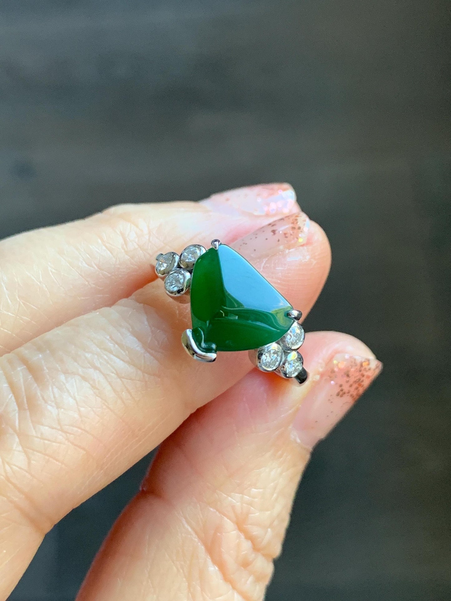 Certified Natural Grade A Guatemalan Icy Translucent Dark Teal Green Jade Jadeite Ring Sterling Silver size 7.25 天然冰危深蓝绿切割翡翠镶嵌戒指 187