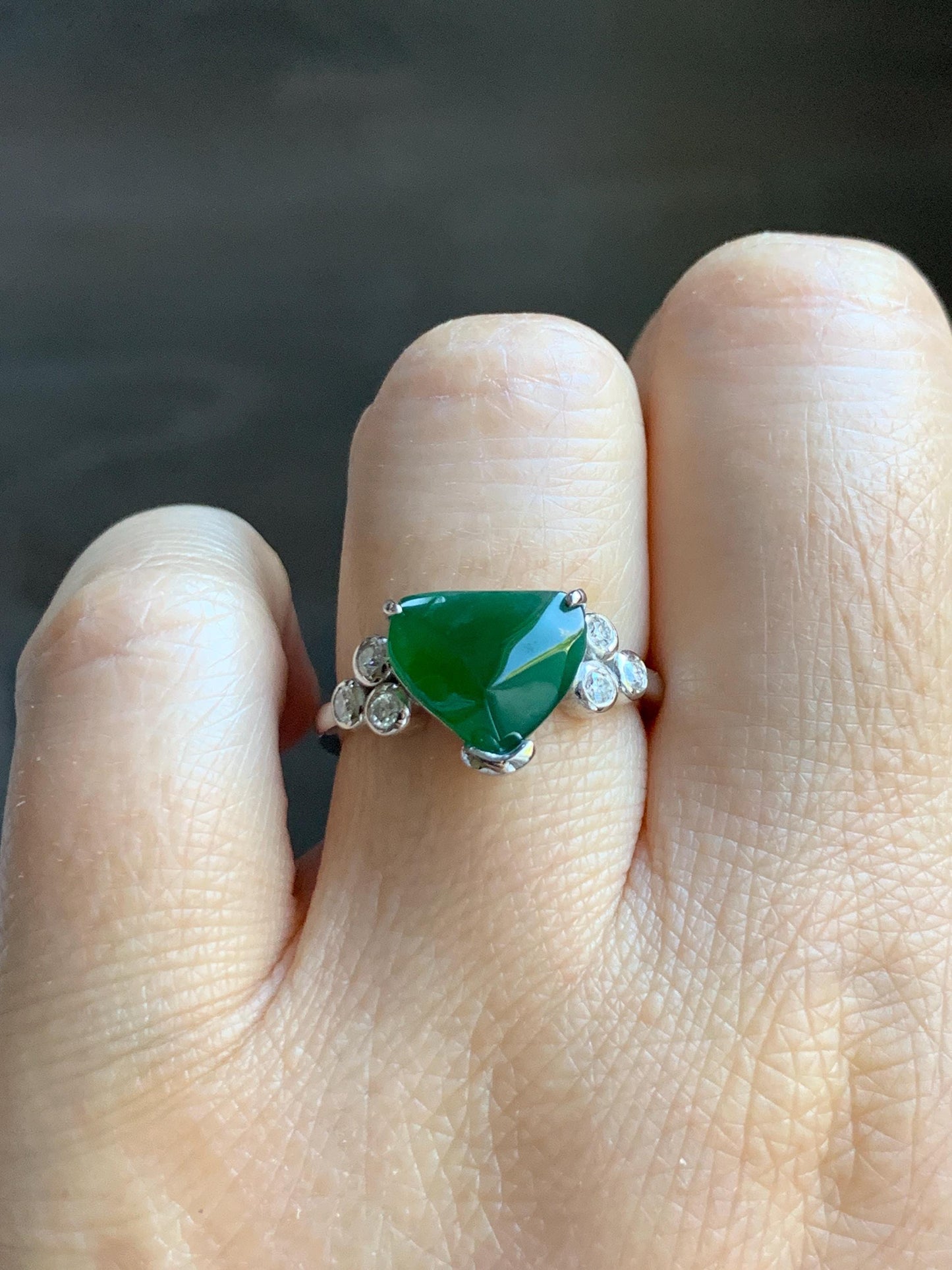 Certified Natural Grade A Guatemalan Icy Translucent Dark Teal Green Jade Jadeite Ring Sterling Silver size 7.25 天然冰危深蓝绿切割翡翠镶嵌戒指 187