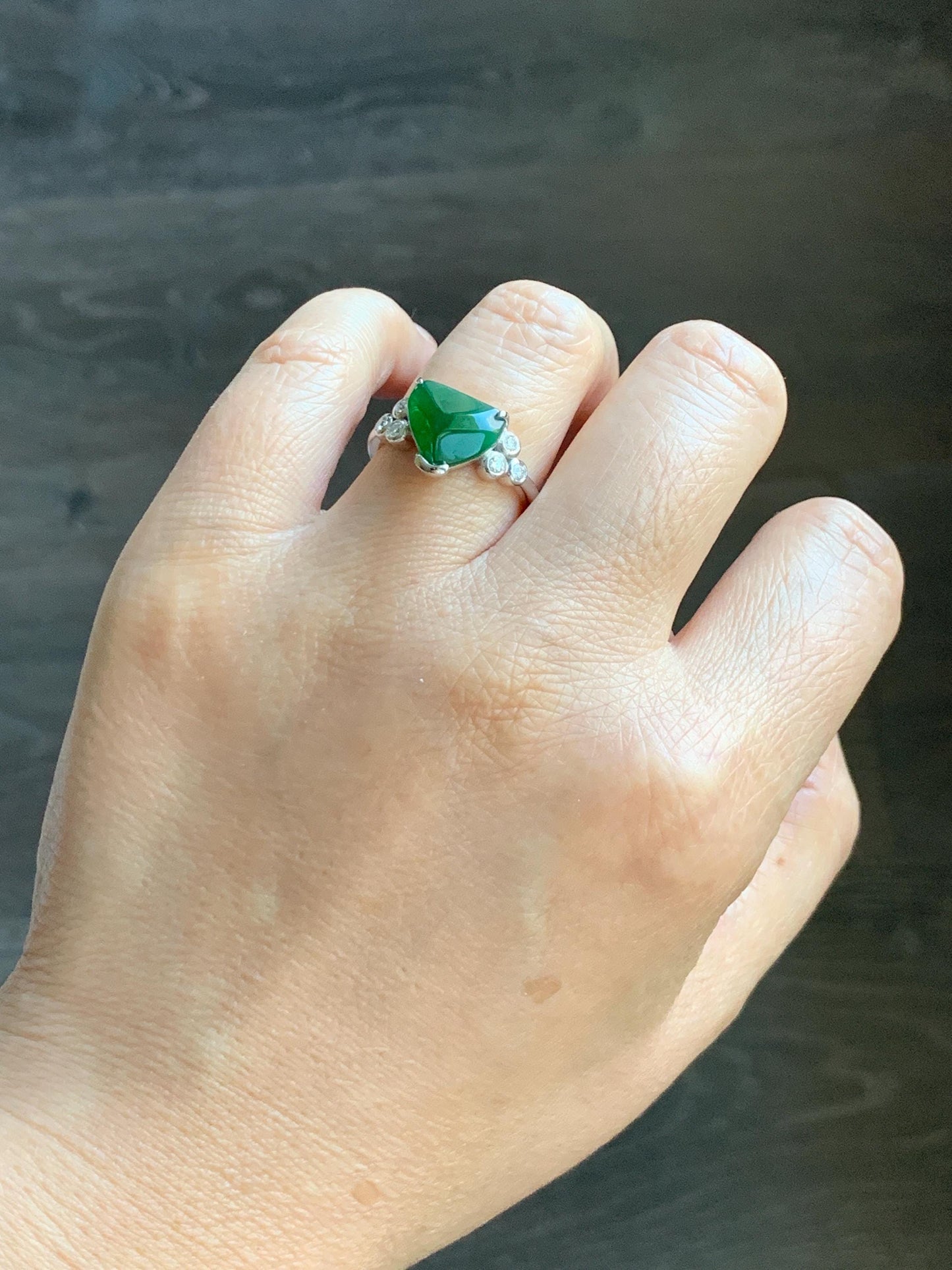 Certified Natural Grade A Guatemalan Icy Translucent Dark Teal Green Jade Jadeite Ring Sterling Silver size 7.25 天然冰危深蓝绿切割翡翠镶嵌戒指 187