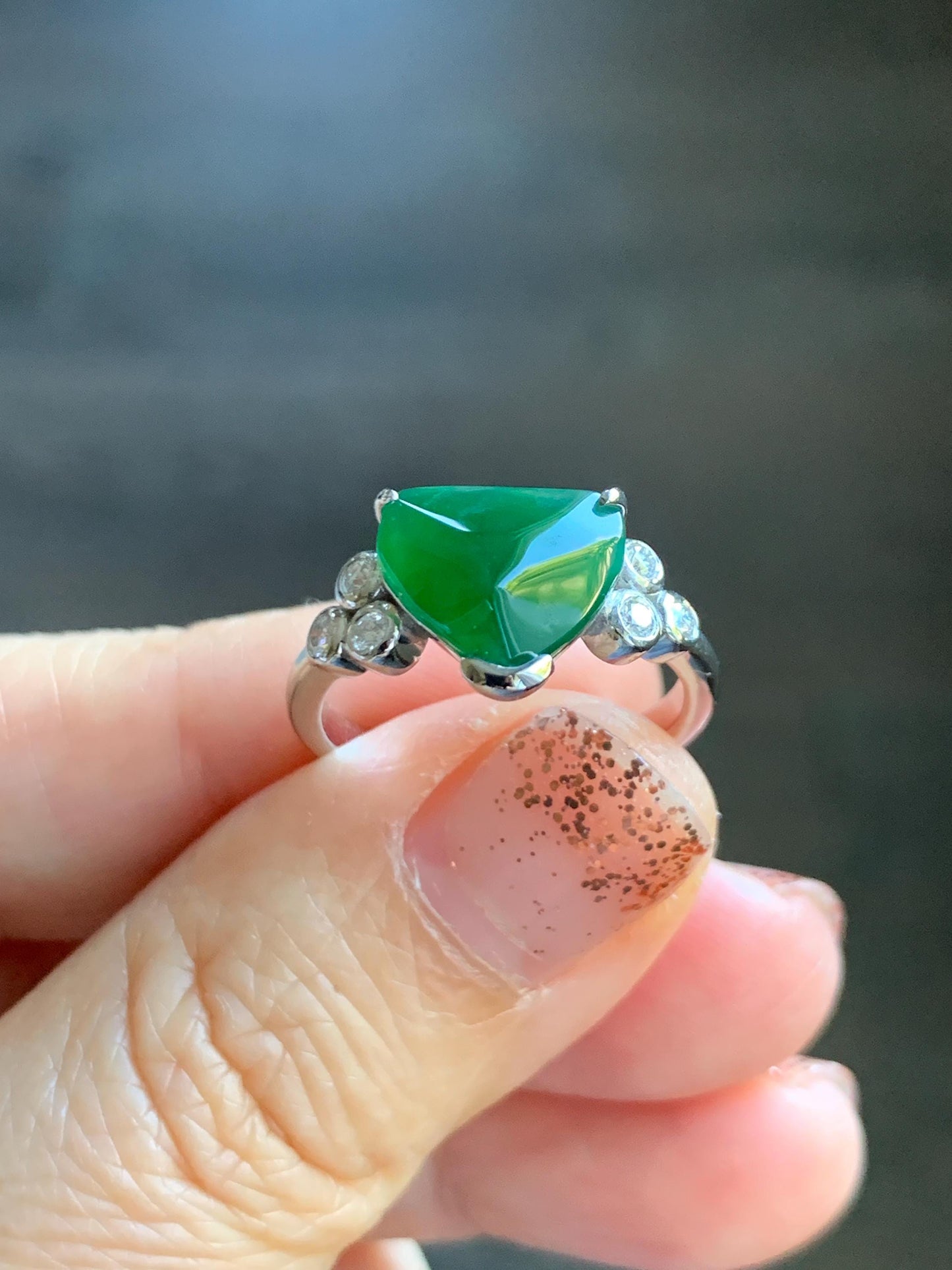 Certified Natural Grade A Guatemalan Icy Translucent Dark Teal Green Jade Jadeite Ring Sterling Silver size 7.25 天然冰危深蓝绿切割翡翠镶嵌戒指 187