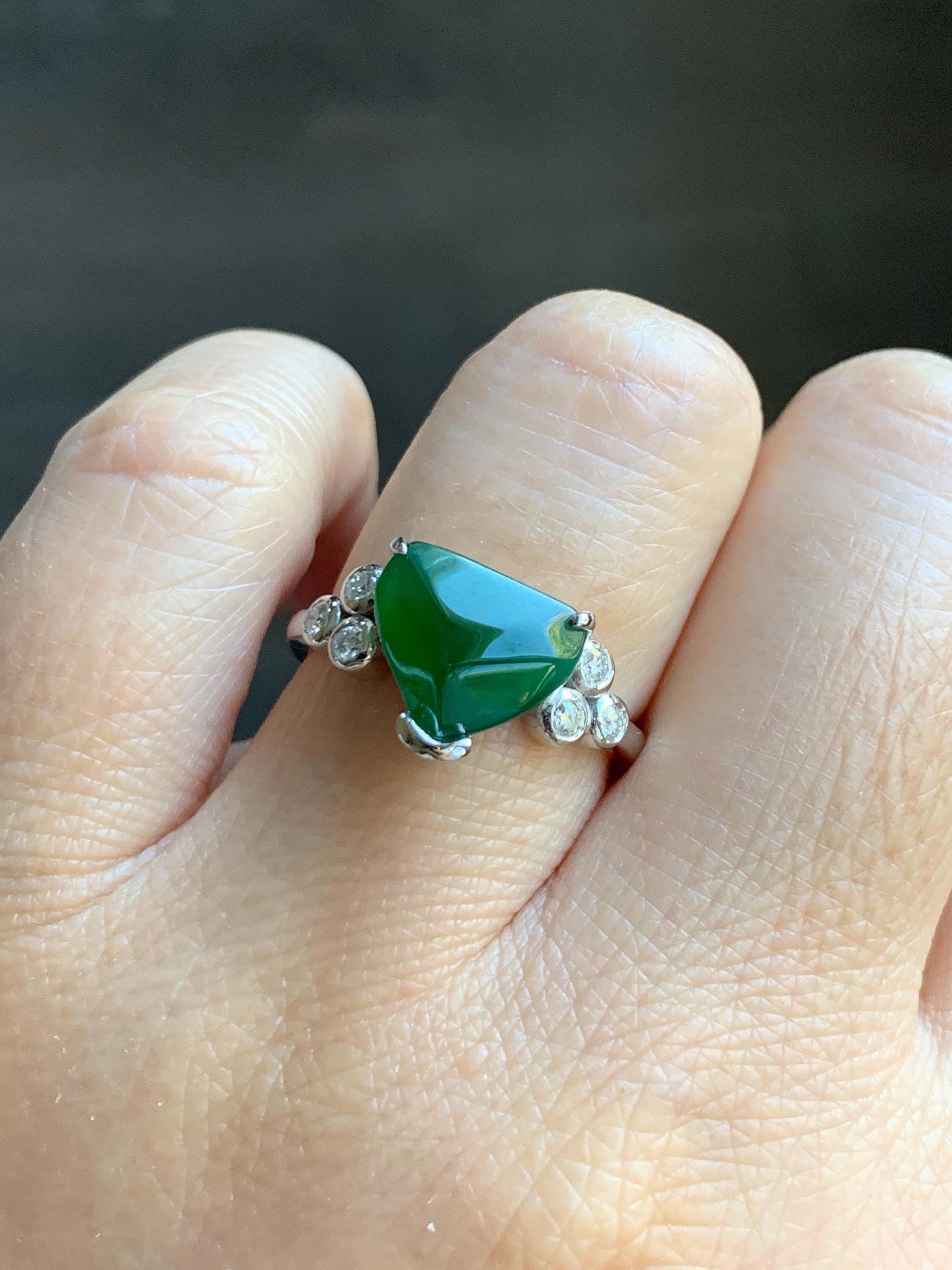 Certified Natural Grade A Guatemalan Icy Translucent Dark Teal Green Jade Jadeite Ring Sterling Silver size 7.25 天然冰危深蓝绿切割翡翠镶嵌戒指 187