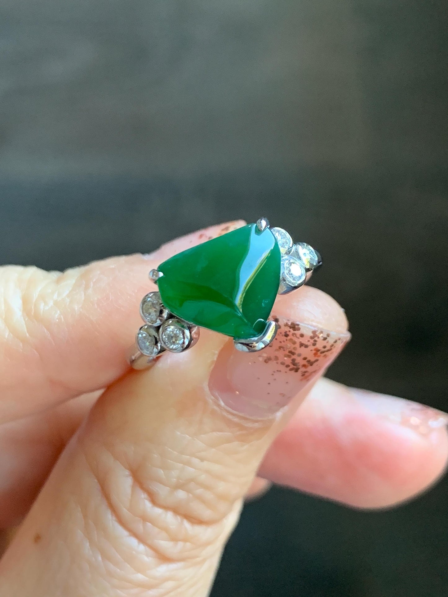 Certified Natural Grade A Guatemalan Icy Translucent Dark Teal Green Jade Jadeite Ring Sterling Silver size 7.25 天然冰危深蓝绿切割翡翠镶嵌戒指 187