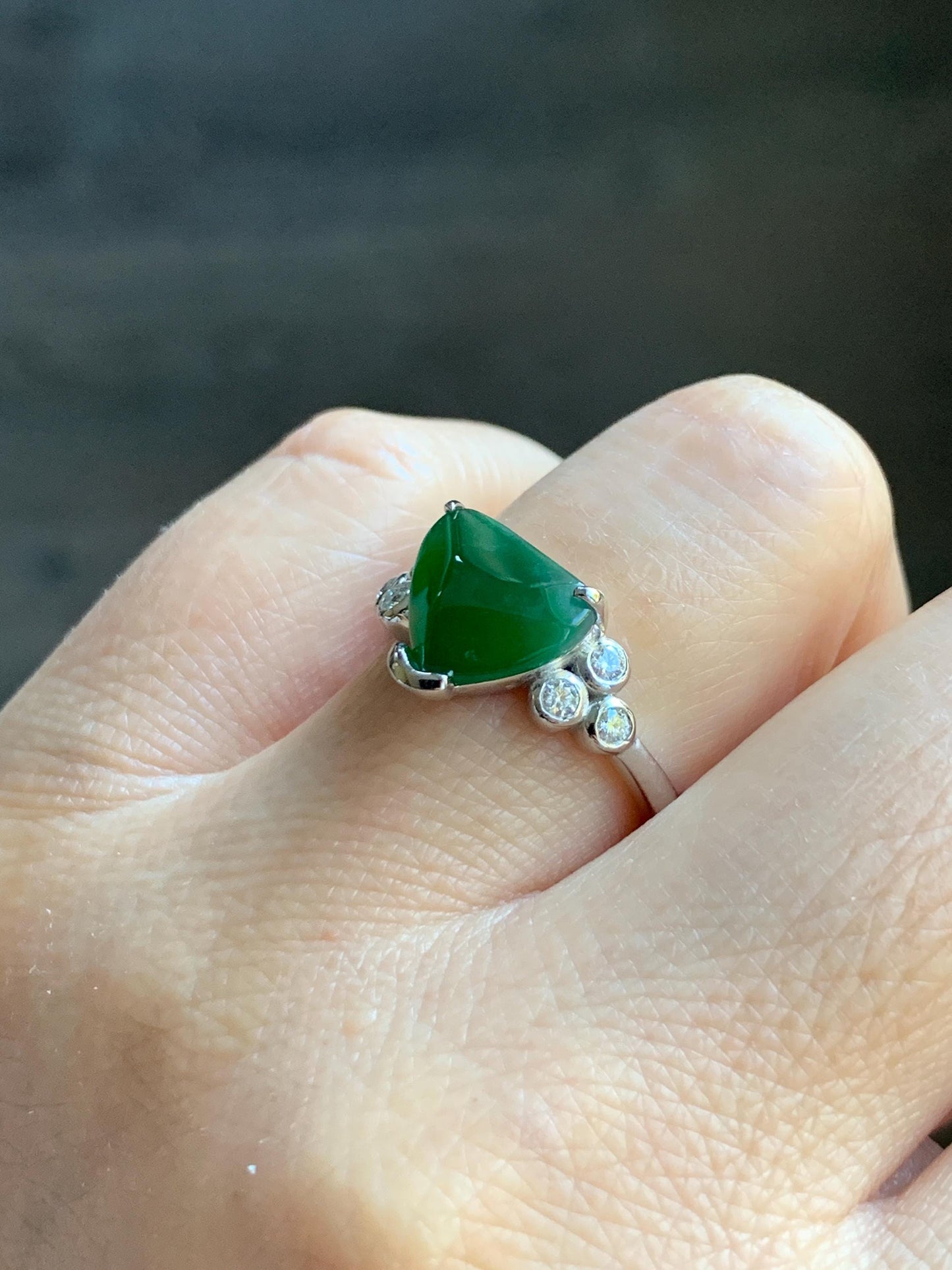 Certified Natural Grade A Guatemalan Icy Translucent Dark Teal Green Jade Jadeite Ring Sterling Silver size 7.25 天然冰危深蓝绿切割翡翠镶嵌戒指 187