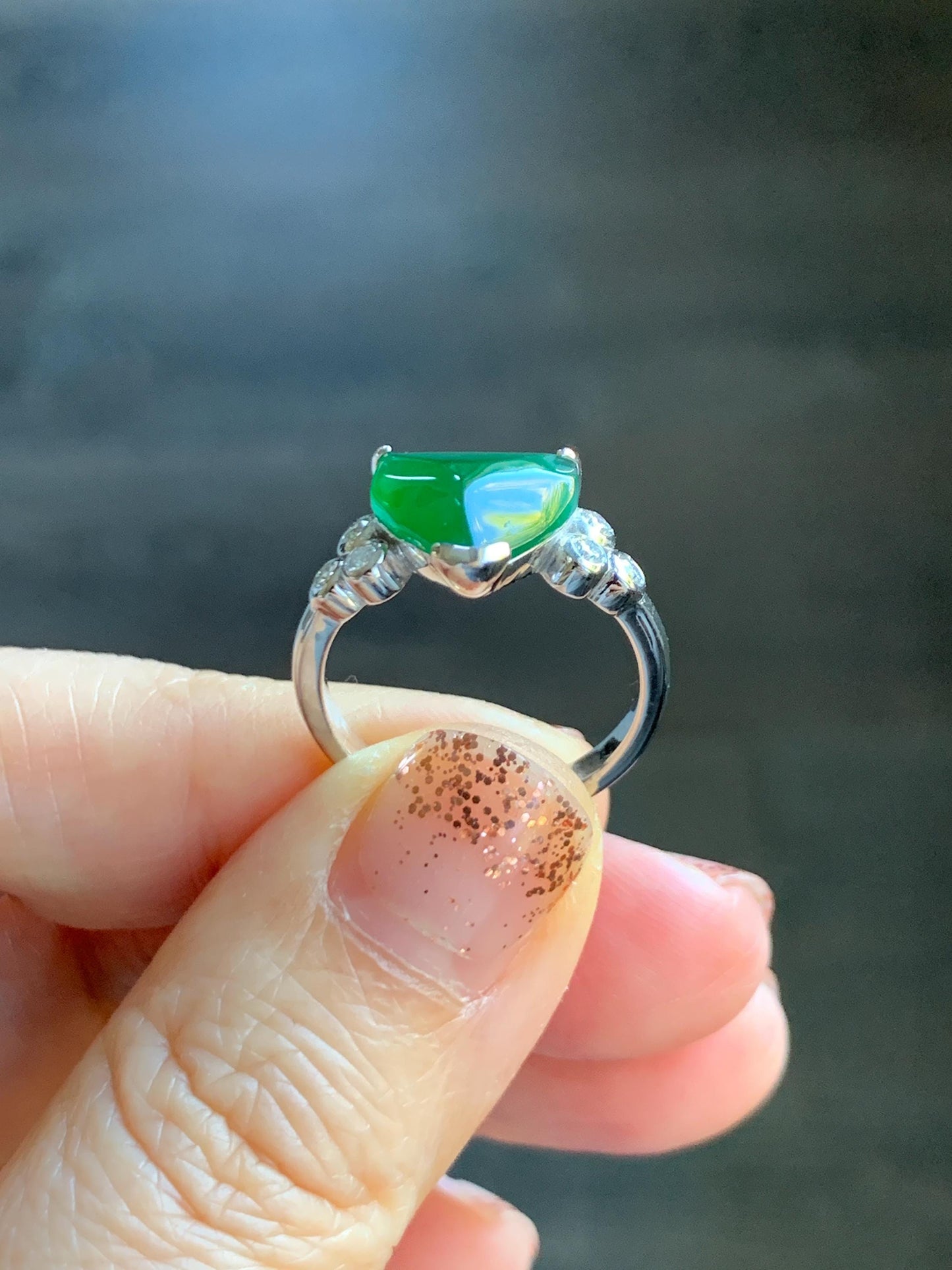 Certified Natural Grade A Guatemalan Icy Translucent Dark Teal Green Jade Jadeite Ring Sterling Silver size 7.25 天然冰危深蓝绿切割翡翠镶嵌戒指 187
