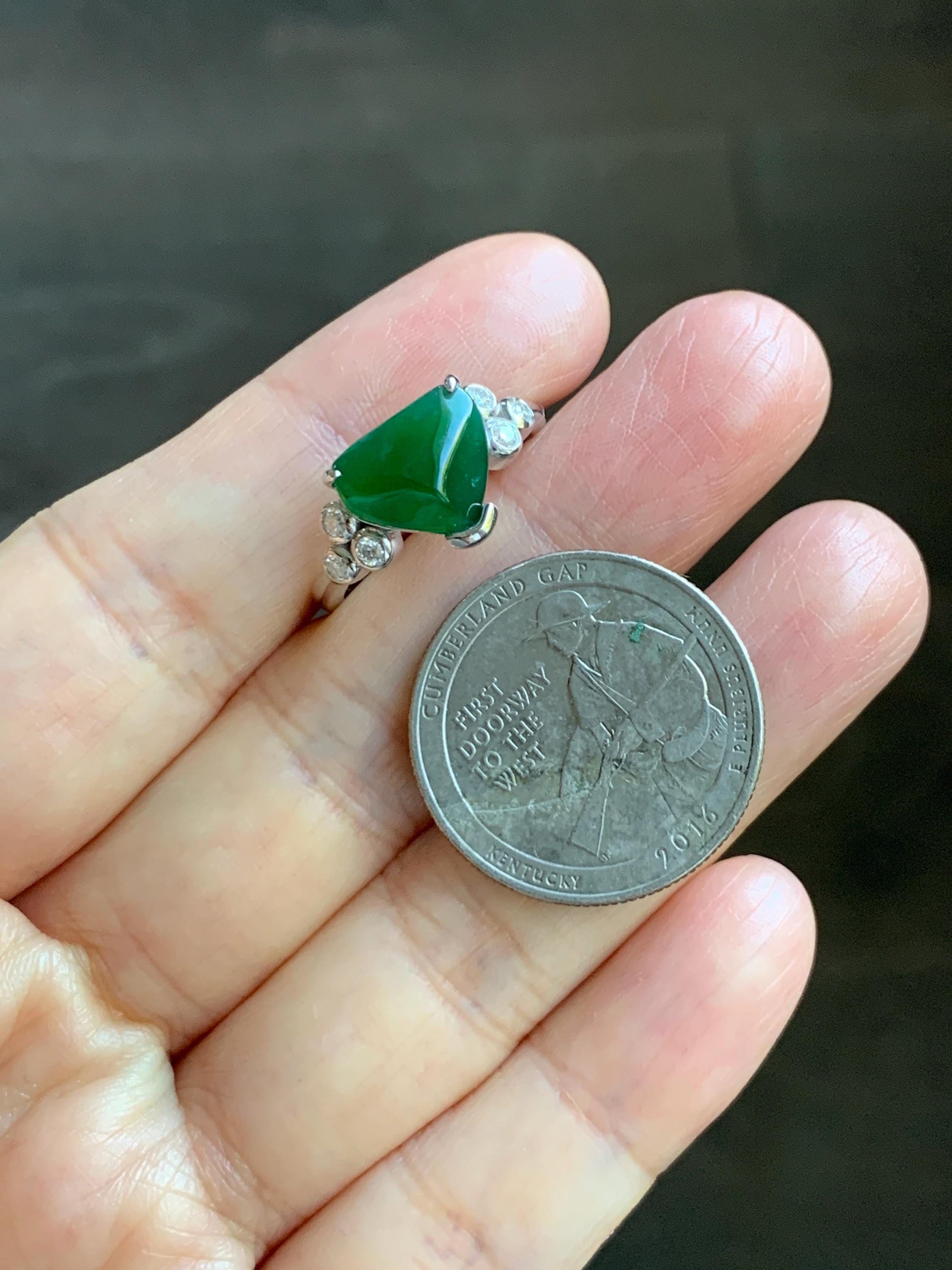 Certified Natural Grade A Guatemalan Icy Translucent Dark Teal Green Jade Jadeite Ring Sterling Silver size 7.25 天然冰危深蓝绿切割翡翠镶嵌戒指 187